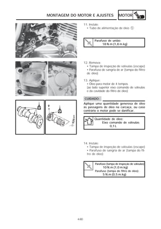 MONTAGEM DO MOTOR E AJUSTES                   MOTOR

                   11. Instale:
                     • Tubo de alimentação de óleo 1



                           Parafuso de união:
                                18 N.m (1,8 m.kg)




                   12. Remova:
                     • Tampa de inspeção de válvulas (escape)
                     • Parafuso de sangria de ar (tampa do filtro
                     de óleo)

                   13. Aplique:
                     • Óleo para motor de 4 tempos
                     (ao lado superior eixo comando de válvulas
                     e da cavidade do filtro de óleo)

                   CUIDADO:
                   Aplique uma quantidade generosa de óleo
                   às passagens de óleo na carcaça, ou caso
                   contrário o motor pode se danificar.

                           Quantidade de óleo:
                               Eixo comando de válvulas
                                     0,1 L




                   14. Instale:
                     • Tampa de inspeção de válvulas (escape)
                     • Parafuso de sangria de ar (tampa do fil-
                     tro de óleo)


                           Parafuso (tampa de inspeção de válvulas)
                                 10 N.m (1,0 m.kg)
                           Parafuso (tampa do filtro de óleo):
                                 5 N.m (0,5 m.kg)




            4-80
 