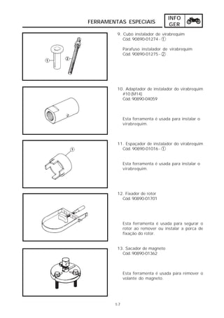 INFO
FERRAMENTAS ESPECIAIS                GER
         9. Cubo instalador de virabrequim
            Cód. 90890-01274 - 1

              Parafuso instalador de virabrequim
              Cód. 90890-01275 - 2




         10. Adaptador de instalador do virabrequim
           #10 (M14)
           Cód. 90890-04059



              Esta ferramenta é usada para instalar o
              virabrequim.



         11. Espaçador de instalador do virabrequim
           Cód. 90890-01016 - 1


              Esta ferramenta é usada para instalar o
              virabrequim.




         12. Fixador de rotor
           Cód. 90890-01701




              Esta ferramenta é usada para segurar o
              rotor ao remover ou instalar a porca de
              fixação do rotor.


         13. Sacador de magneto
           Cód. 90890-01362



              Esta ferramenta é usada para remover o
              volante do magneto.




        1-7
 