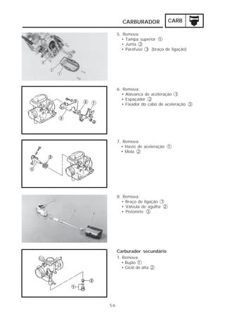 CARBURADOR             CARB

      5. Remova:
        • Tampa superior 1
        • Junta 2
        • Parafuso 3 (braço de ligação)




      6. Remova:
        • Alavanca de aceleração 1
        • Espaçador 2
        • Fixador do cabo de aceleração 3




      7. Remova:
        • Haste de aceleração 1
        • Mola 2




      8. Remova:
        • Braço de ligação 1
        • Válvula de agulha 2
        • Pistonete 3




      Carburador secundário
      1. Remova:
         • Bujão 1
         • Giclê de alta 2




5-6
 