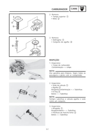 CARBURADOR            CARB

      2. Remova:
        • Tampa superior 1
        • Mola 2




      3. Remova:
        • Diafragma 1
        • Conjunto da agulha 2




      INSPEÇÃO
      1. Inspecione:
        • Corpo do carburador
         Contaminação => Limpe.

      NOTA:
      Use gasolina para limpeza. Sopre todas as
      passagens e giclês com ar comprimido.



      2. Inspecione:
        • Sede da válvula 1
        • Agulha 2
        Desgaste/contaminação => Substitua.
        • O-ring 3
        Danos => Substitua.
      NOTA:
      Sempre substitua a válvula agulha e sede
      como um conjunto.

      3. Inspecione:
        • Afogador 1
        Desgaste/danos => Substitua.
        • Parafuso de marcha lenta 2
        Danos => Substitua.




5-7
 
