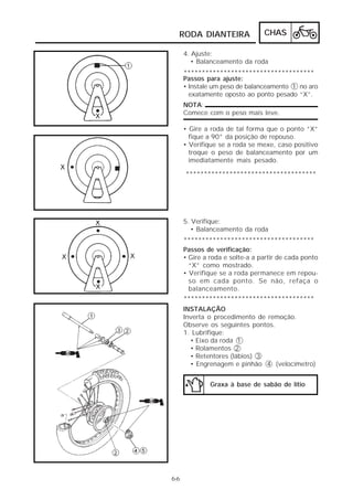 RODA DIANTEIRA                 CHAS

      4. Ajuste:
         • Balanceamento da roda
      ************************************
      Passos para ajuste:
      • Instale um peso de balanceamento 1 no aro
        exatamente oposto ao ponto pesado “X”.
      NOTA:
      Comece com o peso mais leve.

      • Gire a roda de tal forma que o ponto “X”
        fique a 90° da posição de repouso.
      • Verifique se a roda se mexe, caso positivo
        troque o peso de balanceamento por um
        imediatamente mais pesado.

      ************************************




      5. Verifique:
        • Balanceamento da roda
      ************************************
      Passos de verificação:
      • Gire a roda e solte-a a partir de cada ponto
        “X” como mostrado.
      • Verifique se a roda permanece em repou-
        so em cada ponto. Se não, refaça o
        balanceamento.
      ************************************
      INSTALAÇÃO
      Inverta o procedimento de remoção.
      Observe os seguintes pontos.
      1. Lubrifique:
        • Eixo da roda 1
        • Rolamentos 2
        • Retentores (lábios) 3
        • Engrenagem e pinhão 4 (velocímetro)


               Graxa à base de sabão de lítio




6-6
 