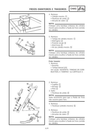 FREIOS DIANTEIROS E TRASEIROS                 CHAS

                   4. Remova:
                     • Cilindro mestre 1
                     • Parafuso de união 2
                     • Arruela de cobre 3
                   NOTA:
                   Coloque uma bandeja embaixo do cilindro
                   mestre para recolher o fluido de freio contido
                   no cilindro.


                   5. Remova:
                     • Tampa do cilindro mestre 1
                     • Diafragma 2
                     • Protetor de pó 3
                     • Anel trava 4
                     • Kit do cilindro mestre 5
                   NOTA:
                   Coloque uma bandeja embaixo do cilindro
                   mestre para recolher o fluido de freio contido
                   no cilindro.

                   Freio traseiro
                   1. Remova:
                     • Assento
                     • Tampa lateral (LD)
                     Ver seção “ASSENTO, TANQUE DE COM-
                     BUSTÍVEL E TAMPAS” no CAPÍTULO 3.




                   2. Remova:
                      • Cupilha 1
                      • Arruela 2
                      • Pino 3
                   3. Solte:
                      • Parafuso de união 4
                   NOTA:
                   Solte levemente para que o fluido de freio
                   não escorra para fora.

                   4. Remova:
                     • Parafuso (cilindro mestre) 5

                   5. Remova:
                     • Parafuso de união 4
                     • Arruelas de cobre 7
                   NOTA:
                   Coloque uma bandeja embaixo do cilindro
                   mestre para recolher o fluido de freio contido
                   no cilindro.

            6-24
 