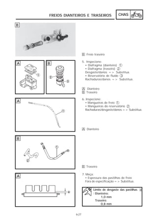 FREIOS DIANTEIROS E TRASEIROS                CHAS

B




                       B Freio traseiro

                       5. Inspecione:
A   B                    • Diafragma (dianteiro) 1
                         • Diafragma (traseiro) 2
                         Desgaste/danos => Substitua.
                         • Reservatório de fluído 3
                         Rachaduras/danos => Substitua.


                       A Dianteiro
                       B Traseiro

                       6. Inspecione:
A                        • Mangueiras de freio 1
                         • Mangueiras do reservatório 2
                         Rachaduras/desgaste/danos => Substitua.




                       A Dianteiro


B




                       B Traseiro

                       7. Meça:
A                         • Espessura das pastilhas de freio
                          Fora de especificação => Substitua.

                               Limite de desgaste das pastilhas a
                               : Dianteiro:
                                     1,0 mm
                                 Traseiro:
                                     0,8 mm


                6-27
 