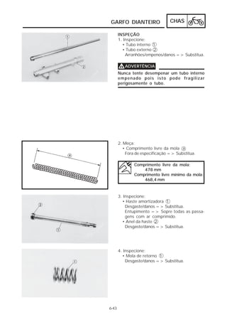 GARFO DIANTEIRO                  CHAS

       INSPEÇÃO
       1. Inspecione:
         • Tubo interno 1
         • Tubo externo 2
           Arranhões/empenos/danos => Substitua.

       V ADVERTÊNCIA
       Nunca tente desempenar um tubo interno
       empenado pois isto pode fragilizar
       perigosamente o tubo.




       2. Meça:
          • Comprimento livre da mola a
           Fora de especificação => Substitua.

               Comprimento livre da mola:
                   478 mm
               Comprimento livre mínimo da mola:
                   468,4 mm


       3. Inspecione:
         • Haste amortizadora 1
           Desgaste/danos => Substitua.
           Entupimento => Sopre todas as passa-
           gens com ar comprimido.
         • Anel da haste 2
           Desgaste/danos => Substitua.




       4. Inspecione:
         • Mola de retorno 1
           Desgaste/danos => Substitua.




6-43
 