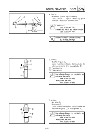 GARFO DIANTEIRO                   CHAS

       4. Aperte:
          • Parafuso (haste amortizadora)
           Use a Chave “T” 1 e o Fixador 2 para
           prender a haste do amortecedor.

               Chave “T”:
                    Cód. 90890-01326
               Fixador da haste do amortecedor:
                    Cód. 90890-01388


               Parafuso (haste amortizadora):
                    62 N.m (6,2 m.kg)




       5. Instale:
         • Bucha de guia 1
           Use o martelo deslizante do instalador do
           retentor do garfo 4 e o adaptador 5 .
       2 Tubo interno
       3 Tubo externo

               Martelo deslizante do instalador do
               retentor do garfo:
                     Cód. 90890-01367
               Adaptador 41 mm:
                     Cód. 90890-01381




       6. Instale:
         • Arruela 1
          • Retentor 2
           Use o martelo deslizante do instalador do
           retentor do garfo 3 e o adaptador 4 .

               Martelo deslizante do instalador do
               retentor do garfo:
                     Cód. 90890-01367
               Adaptador 41 mm:
                     Cód. 90890-01381


6-45
 