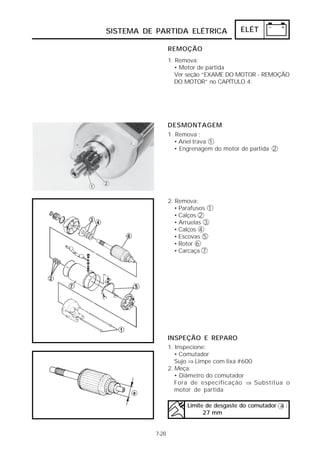 SISTEMA DE PARTIDA ELÉTRICA                ELÉT

                  REMOÇÃO
                  1. Remova:
                     • Motor de partida
                     Ver seção “EXAME DO MOTOR - REMOÇÃO
                     DO MOTOR” no CAPÍTULO 4.




                  DESMONTAGEM
                  1. Remova :
                    • Anel trava 1
                    • Engrenagem do motor de partida 2




                  2. Remova:
                     • Parafusos 1
                     • Calços 2
                     • Arruelas 3
                     • Calços 4
                     • Escovas 5
                     • Rotor 6
                     • Carcaça 7




                  INSPEÇÃO E REPARO
                  1. Inspecione:
                     • Comutador
                     Sujo ⇒ Limpe com lixa #600
                  2. Meça:
                     • Diâmetro do comutador
                     Fora de especificação ⇒ Substitua o
                     motor de partida

                         Limite de desgaste do comutador a :
                               27 mm


           7-28
 