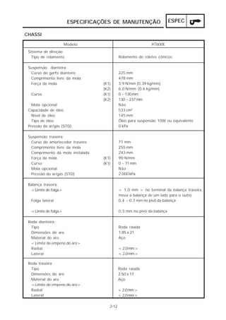 ESPECIFICAÇÕES DE MANUTENÇÃO                     ESPEC

CHASSI

                      Modelo                                 XT600E
 Sistema de direção:
   Tipo de rolamento                        Rolamento de roletes cônicos

 Suspensão dianteira:
  Curso do garfo dianteiro                  225 mm
  Comprimento livre da mola                 478 mm
  Força da mola                   (K1)      3,9 N/mm (0,39 kg/mm)
                                  (K2)      6,0 N/mm (0,6 kg/mm)
  Curso                           (K1)      0 ~130 mm
                                  (K2)      130 ~237 mm
   Mola opcional                            Não
 Capacidade de óleo                         533 cm3
   Nível de óleo                            145 mm
   Tipo de óleo                             Óleo para suspensão 10W ou equivalente
 Pressão do ar/gás (STD)                    0 kPa

 Suspensão traseira:
  Curso do amortecedor traseiro             71 mm
  Comprimento livre da mola                 255 mm
  Comprimento da mola instalada             243 mm
  Força da mola                   (K1)      90 N/mm
  Curso                           (K1)      0 ~71 mm
  Mola opcional                             Não
  Pressão do ar/gás (STD)                   2.000 kPa

 Balança traseira:
  <Limite de folga>                         < 1,0 mm > no terminal da balança traseira,
                                            mova a balança de um lado para o outro
  Folga lateral                             0,4 ~0,7 mm no pivô da balança

  <Limite de folga>                         0,3 mm no pivô da balança

 Roda dianteira:
  Tipo                                      Roda raiada
  Dimensões do aro                          1,85 x 21
  Material do aro                           Aço
  <Limite de empeno do aro>
  Radial                                    < 2,0 mm >
  Lateral                                   < 2,0 mm >

 Roda traseira:
  Tipo                                      Roda raiada
  Dimensões do aro                          2,50 x 17
  Material do aro                           Aço
  <Limite de empeno do aro>
  Radial                                    < 2,0 mm >
  Lateral                                   < 2,0 mm >

                                     2-12
 