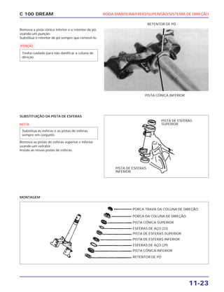 RODA DIANTEIRA/FREIO/SUPENSÃO/SISTEMA DE DIREÇÃO
11-23
C 100 DREAM
Remova a pista cônica inferior e o retentor de pó,
usando um punção.
Substitua o retentor de pó sempre que removê-lo.
a
Tenha cuidado para não danificar a coluna de
direção.
PISTA CÔNICA INFERIOR
RETENTOR DE PÓ
SUBSTITUIÇÃO DA PISTA DE ESFERAS
NOTA
Remova as pistas de esferas superior e inferior
usando um extrator.
Instale as novas pistas de esferas.
Substitua as esferas e as pistas de esferas
sempre em conjunto.
PISTA DE ESFERAS
INFERIOR
PISTA DE ESFERAS
SUPERIOR
MONTAGEM
PORCA TRAVA DA COLUNA DE DIREÇÃO
PORCA DA COLUNA DE DIREÇÃO
PISTA CÔNICA SUPERIOR
ESFERAS DE AÇO (23)
PISTA CÔNICA INFERIOR
RETENTOR DE PÓ
PISTA DE ESFERAS SUPERIOR
ESFERAS DE AÇO (29)
PISTA DE ESFERAS INFERIOR
 