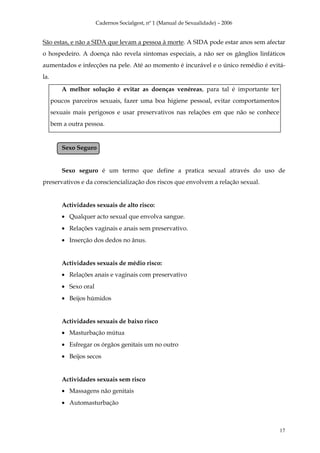 Cadernos Socialgest, nº 1 (Manual de Sexualidade) – 2006


São estas, e não a SIDA que levam a pessoa à morte. A SIDA pode estar anos sem afectar
o hospedeiro. A doença não revela sintomas especiais, a não ser os gânglios linfáticos
aumentados e infecções na pele. Até ao momento é incurável e o único remédio é evitá-
la.

          A melhor solução é evitar as doenças venéreas, para tal é importante ter
      poucos parceiros sexuais, fazer uma boa higiene pessoal, evitar comportamentos
      sexuais mais perigosos e usar preservativos nas relações em que não se conhece
      bem a outra pessoa.


          Sexo Seguro


          Sexo seguro é um termo que define a pratica sexual através do uso de
preservativos e da consciencialização dos riscos que envolvem a relação sexual.


          Actividades sexuais de alto risco:
          • Qualquer acto sexual que envolva sangue.
          • Relações vaginais e anais sem preservativo.
          • Inserção dos dedos no ânus.


          Actividades sexuais de médio risco:
          • Relações anais e vaginais com preservativo
          • Sexo oral
          • Beijos húmidos


          Actividades sexuais de baixo risco
          • Masturbação mútua
          • Esfregar os órgãos genitais um no outro
          • Beijos secos


          Actividades sexuais sem risco
          • Massagens não genitais
          • Automasturbação



                                                                                       17
 