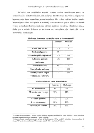 Cadernos Socialgest, nº 1 (Manual de Sexualidade) – 2006


        Inclusivé nas actividades sexuais existem muitas semelhanças entre os
homossexuais e os heterossexuais, com excepção da introdução do pénis na vagina. Os
homossexuais, tanto masculinos como femininos, dão beijos, carícias tácteis e orais,
masturbação e coito anal1 (entre os homens). Ao contrário do que se pensa, são muito
poucas as mulheres homossexuais que utilizam qualquer espécie de vibrador ou dildo,
dado que a relação lesbíana ao centrar-se na estimulação do clitóris dá pouca
importância á introdução.


                        Modos de fazer amor preferidos entre os homossexuais2
                                                                   Homens          Mulhere
                                                                                         s
                               Coito anal activo                       31%               -
                               Coito anal passivo                      8%                -
                         Actos oral-genitais passivos                  24%            25%
                               Actos oral-genitais                     12%            22%
                                    recíprocos
                               Automastrubação                         4%                -
                            Masturbação recíproca                       -             10%
                            Frontação entre corpos                      -             18%
                            Tribanismo ou tortilla


                                    Actividade sexual anual homossexual2
                                                              Homens            Mulheres
                              Actividade nula                     3%                8%
                          Menos de uma vez por                   13%                21%
                                      mês
                             2-3 vezes por mês                   17%                20%
                             1 vez por semana                    22%                20%
                           2-3 vezes por semana                  30%                19%



1
  Utiliza-se incorrectamente a palavra "coito" dado que segundo os dicionários, coito significa a união entre dois
órgãos sexuais distintos, um masculino e outro feminino.
2
  Estudo realizado entre homossexuais na baia de São Francisco (EUA) em 1978 intitulado: Homosexualites: A
study of Diversity Among Men and Women por Alan P. Bell e Martin S. Weinberg.


                                                                                                               31
 