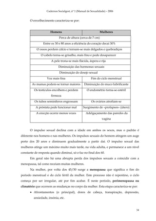 Cadernos Socialgest, nº 1 (Manual de Sexualidade) – 2006


      O envelhecimento caracteriza-se por:


                      Homens                                   Mulheres
                             Perca de altura (cerca de 7 cm)
                Entre os 30 e 80 anos a eficiência do coração decai 30%
           O ossos perdem cálcio e tornam-se mais delgados e quebradiços
               O cabelo torna-se grisalho, mais fino e pode desaparecer
                      A pele trona-se mais flácida, áspera e rija
                            Diminuição das hormonas sexuais
                             Diminuição do desejo sexual
                   Voz mais fina                        Fim do ciclo menstrual
        As mamas podem-se tornar maiores          Diminuição do muco lubrificante
          Os testículos encolhem e perdem           O endométrio torna-se estéril
                      firmeza
          Os tubos seminíferos engrossam                Os ovários atrofiam-se
           A próstata pode funcionar mal         Surgimento de «prolapsos» (útero)
           A erecção ocorre menos vezes            Adelgaçamento das paredes da
                                                                 vagina


      O impulso sexual declina com a idade em ambos os sexos, mas o padrão é
diferente nos homens e nas mulheres. Os impulsos sexuais do homem atingem um auge
perto dos 20 anos e diminuem gradualmente a partir daí. O impulso sexual das
mulheres atinge um máximo muito mais tarde, na vida adulta, e permanece a um nível
constante de resposta quando diminui, só o faz no final dos 60.
      Em geral não há uma abrupta perda dos impulsos sexuais a coincidir com a
menopausa, tal como receiam muitas mulheres.
      Na mulher, por volta dos 45/50 surge a menopausa que significa o fim do
período menstrual e do ciclo fértil da mulher. Este processo não é repentino, o ciclo
começa por ser irregular, até por fim acabar. É neste período, perimenopausa ou
climatério que ocorrem as mudanças no corpo da mulher. Esta etapa caracteriza-se por:
      • Afrontamentos (o principal), dores de cabeça, transpiração, depressão,
         ansiedade, insónia, etc.



                                                                                     34
 