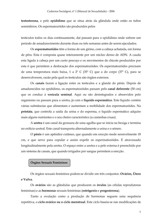 Cadernos Socialgest, nº 1 (Manual de Sexualidade) – 2006


testosterona, e pelo epidídimo que se situa atrás da glândula onde estão os tubos
seminíferos. Os espermatozóides são produzidos pelos


testículos todos os dias continuamente, daí passam para o epididimo onde sofrem um
período de amadurecimento durante duas ou três semanas antes de serem ejaculados.
       Os espermatozóides têm a forma de um girino, com a cabeça achatada, em forma
de pêra. Esta é composta quase inteiramente por um núcleo denso de ADN. A cauda
esta ligada à cabeça por um curto pescoço e os movimentos de chicote produzidos por
esta é que permitem a deslocação dos espermatozóides. Os espermatozóides precisam
de uma temperatura mais baixa, 1 a 2º C (35º C) que a do corpo (37º C), para se
desenvolverem, razão pela qual os testículos são órgãos externos.
       Os canais fazem a ligação entre os testículos e a glande do pénis. Depois de
amadurecidos no epidídimo, os espermatozóides passam pelo canal deferente (50 cm)
que os conduz à vesícula seminal. Aqui ou são desintegrados e absorvidos pelo
organismo ou passam para a uretra, já com o liquido espermático. Este liquido contém
várias substâncias que alimentam e aumentam a mobilidade dos espermatozóides. Na
próstata, que controla a saída da urina e do esperma, o liquido espermático adquire
mais alguns nutrientes e o seu cheiro característico (a castanhas cruas).
       A uretra é um canal da grossura de uma agulha que se inicia na bexiga e termina
no orifício uretral. Este canal transporta alternadamente a urina e o sémen.
       O pénis é um apêndice cutâneo, que quando em erecção mede sensivelmente 18
cm, e que serve para copular e assim expelir os espermatozóides. É atravessado
longitudinalmente pela uretra. O espaço entre a uretra e a pele externa é preenchido por
um sistema de canais, que quando irrigados por sangue permitem a erecção.


       Órgãos Sexuais Femininos


       Os órgãos sexuais femininos podem-se dividir em três conjuntos: Ovários, Útero
e Vulva.
       Os ovários são as glândulas que produzem os óvulos (as células reprodutoras
femininas) e as hormonas sexuais femininas (estrógenio e progesterona).
       Tanto a ovulação como a produção de hormonas seguem uma sequência
repetitiva, o ciclo ovárico ou o ciclo menstrual. Este ciclo baseia-se nas modificações de


                                                                                        5
 