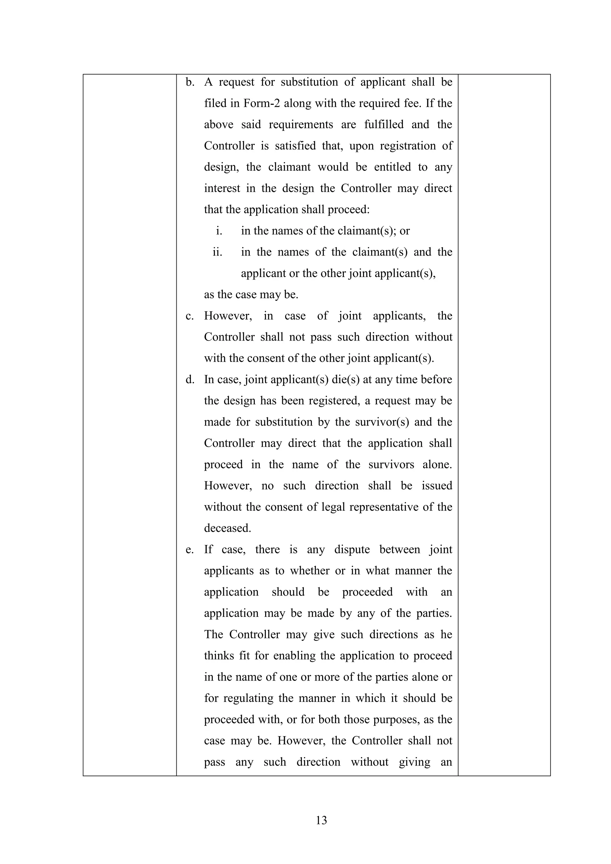 13
b. A request for substitution of applicant shall be
filed in Form-2 along with the required fee. If the
above said requirements are fulfilled and the
Controller is satisfied that, upon registration of
design, the claimant would be entitled to any
interest in the design the Controller may direct
that the application shall proceed:
i. in the names of the claimant(s); or
ii. in the names of the claimant(s) and the
applicant or the other joint applicant(s),
as the case may be.
c. However, in case of joint applicants, the
Controller shall not pass such direction without
with the consent of the other joint applicant(s).
d. In case, joint applicant(s) die(s) at any time before
the design has been registered, a request may be
made for substitution by the survivor(s) and the
Controller may direct that the application shall
proceed in the name of the survivors alone.
However, no such direction shall be issued
without the consent of legal representative of the
deceased.
e. If case, there is any dispute between joint
applicants as to whether or in what manner the
application should be proceeded with an
application may be made by any of the parties.
The Controller may give such directions as he
thinks fit for enabling the application to proceed
in the name of one or more of the parties alone or
for regulating the manner in which it should be
proceeded with, or for both those purposes, as the
case may be. However, the Controller shall not
pass any such direction without giving an
 