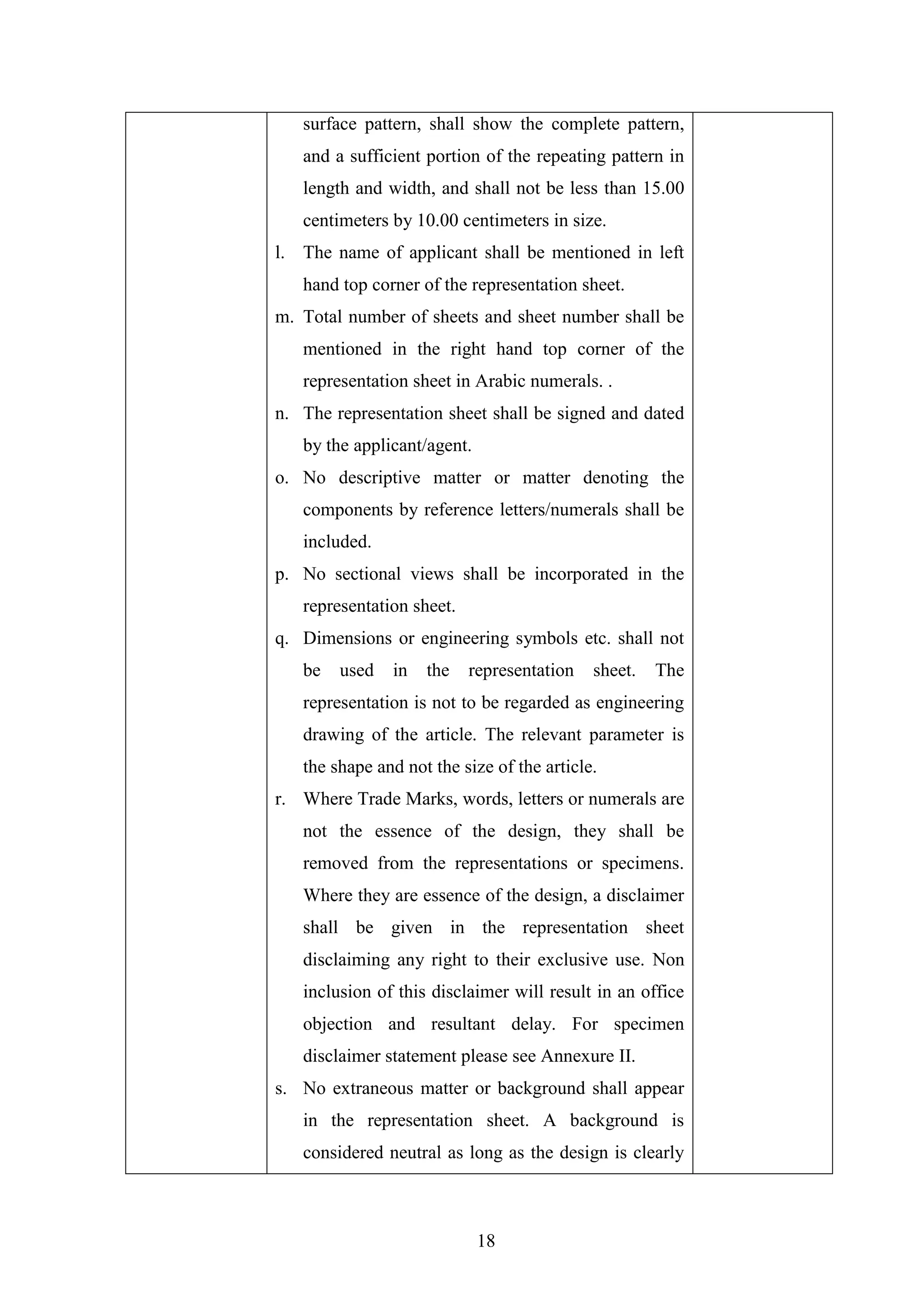 18
surface pattern, shall show the complete pattern,
and a sufficient portion of the repeating pattern in
length and width, and shall not be less than 15.00
centimeters by 10.00 centimeters in size.
l. The name of applicant shall be mentioned in left
hand top corner of the representation sheet.
m. Total number of sheets and sheet number shall be
mentioned in the right hand top corner of the
representation sheet in Arabic numerals. .
n. The representation sheet shall be signed and dated
by the applicant/agent.
o. No descriptive matter or matter denoting the
components by reference letters/numerals shall be
included.
p. No sectional views shall be incorporated in the
representation sheet.
q. Dimensions or engineering symbols etc. shall not
be used in the representation sheet. The
representation is not to be regarded as engineering
drawing of the article. The relevant parameter is
the shape and not the size of the article.
r. Where Trade Marks, words, letters or numerals are
not the essence of the design, they shall be
removed from the representations or specimens.
Where they are essence of the design, a disclaimer
shall be given in the representation sheet
disclaiming any right to their exclusive use. Non
inclusion of this disclaimer will result in an office
objection and resultant delay. For specimen
disclaimer statement please see Annexure II.
s. No extraneous matter or background shall appear
in the representation sheet. A background is
considered neutral as long as the design is clearly
 