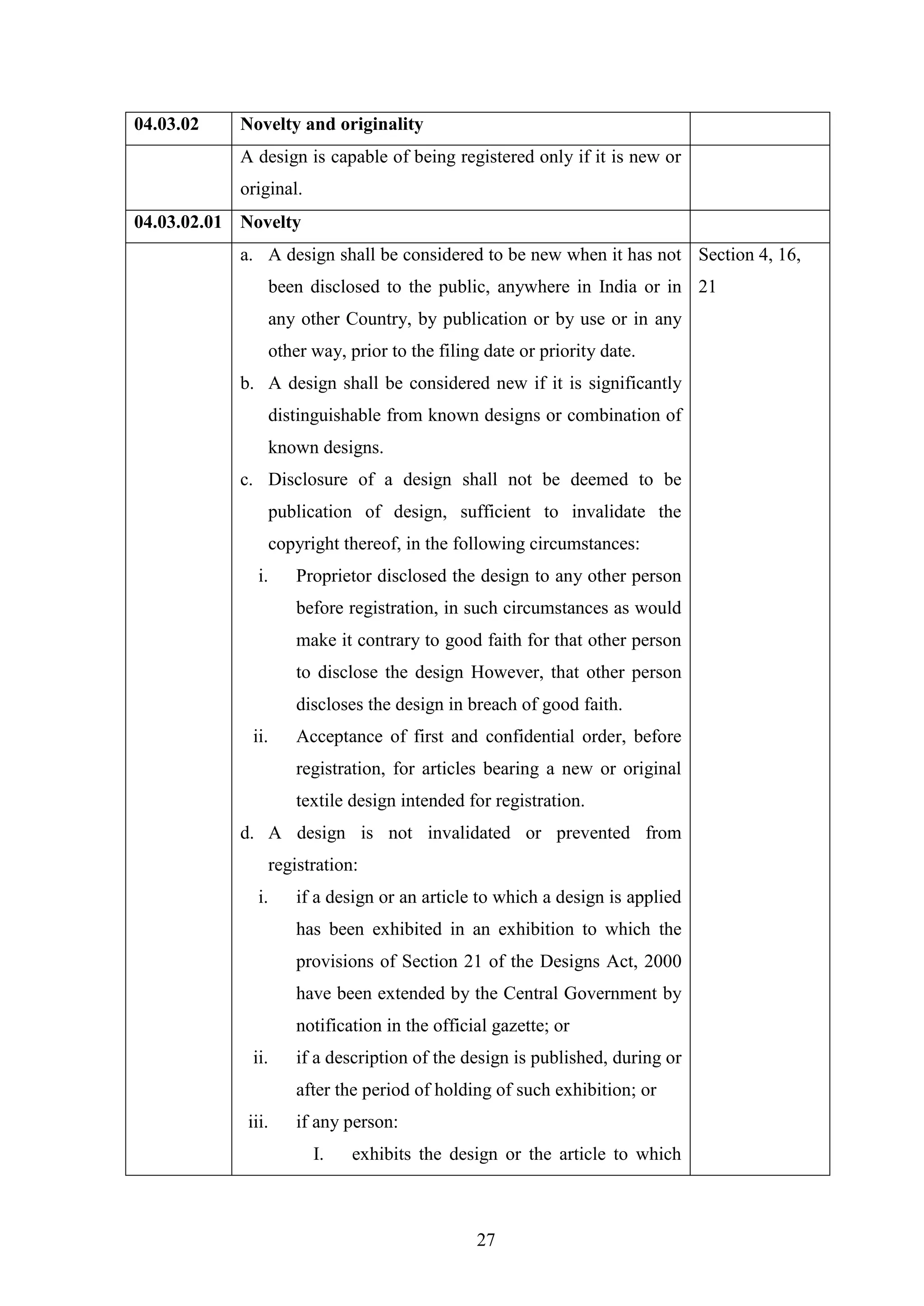 27
04.03.02 Novelty and originality
A design is capable of being registered only if it is new or
original.
04.03.02.01 Novelty
a. A design shall be considered to be new when it has not
been disclosed to the public, anywhere in India or in
any other Country, by publication or by use or in any
other way, prior to the filing date or priority date.
b. A design shall be considered new if it is significantly
distinguishable from known designs or combination of
known designs.
c. Disclosure of a design shall not be deemed to be
publication of design, sufficient to invalidate the
copyright thereof, in the following circumstances:
i. Proprietor disclosed the design to any other person
before registration, in such circumstances as would
make it contrary to good faith for that other person
to disclose the design However, that other person
discloses the design in breach of good faith.
ii. Acceptance of first and confidential order, before
registration, for articles bearing a new or original
textile design intended for registration.
d. A design is not invalidated or prevented from
registration:
i. if a design or an article to which a design is applied
has been exhibited in an exhibition to which the
provisions of Section 21 of the Designs Act, 2000
have been extended by the Central Government by
notification in the official gazette; or
ii. if a description of the design is published, during or
after the period of holding of such exhibition; or
iii. if any person:
I. exhibits the design or the article to which
Section 4, 16,
21
 