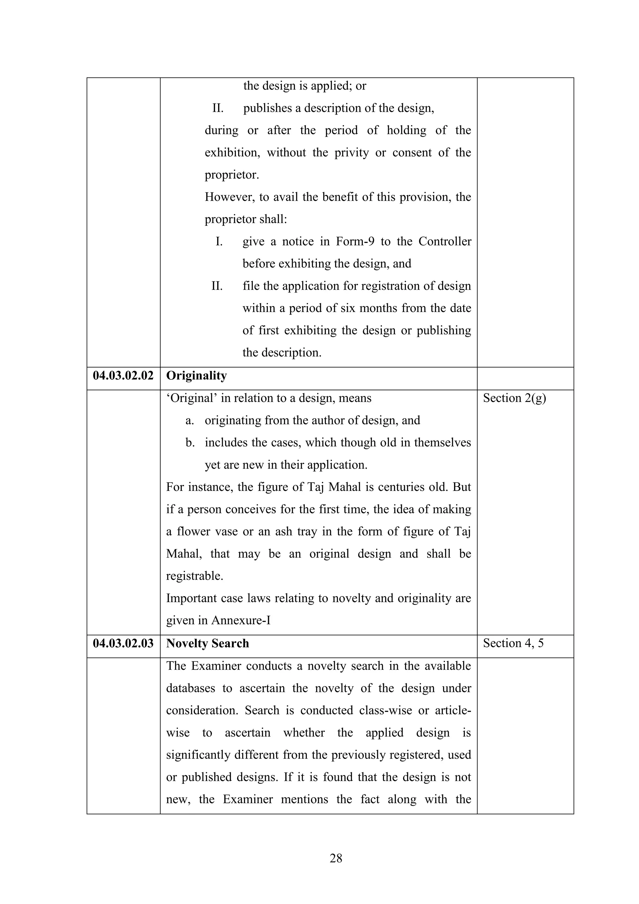 28
the design is applied; or
II. publishes a description of the design,
during or after the period of holding of the
exhibition, without the privity or consent of the
proprietor.
However, to avail the benefit of this provision, the
proprietor shall:
I. give a notice in Form-9 to the Controller
before exhibiting the design, and
II. file the application for registration of design
within a period of six months from the date
of first exhibiting the design or publishing
the description.
04.03.02.02 Originality
‗Original‘ in relation to a design, means
a. originating from the author of design, and
b. includes the cases, which though old in themselves
yet are new in their application.
For instance, the figure of Taj Mahal is centuries old. But
if a person conceives for the first time, the idea of making
a flower vase or an ash tray in the form of figure of Taj
Mahal, that may be an original design and shall be
registrable.
Important case laws relating to novelty and originality are
given in Annexure-I
Section 2(g)
04.03.02.03 Novelty Search Section 4, 5
The Examiner conducts a novelty search in the available
databases to ascertain the novelty of the design under
consideration. Search is conducted class-wise or article-
wise to ascertain whether the applied design is
significantly different from the previously registered, used
or published designs. If it is found that the design is not
new, the Examiner mentions the fact along with the
 