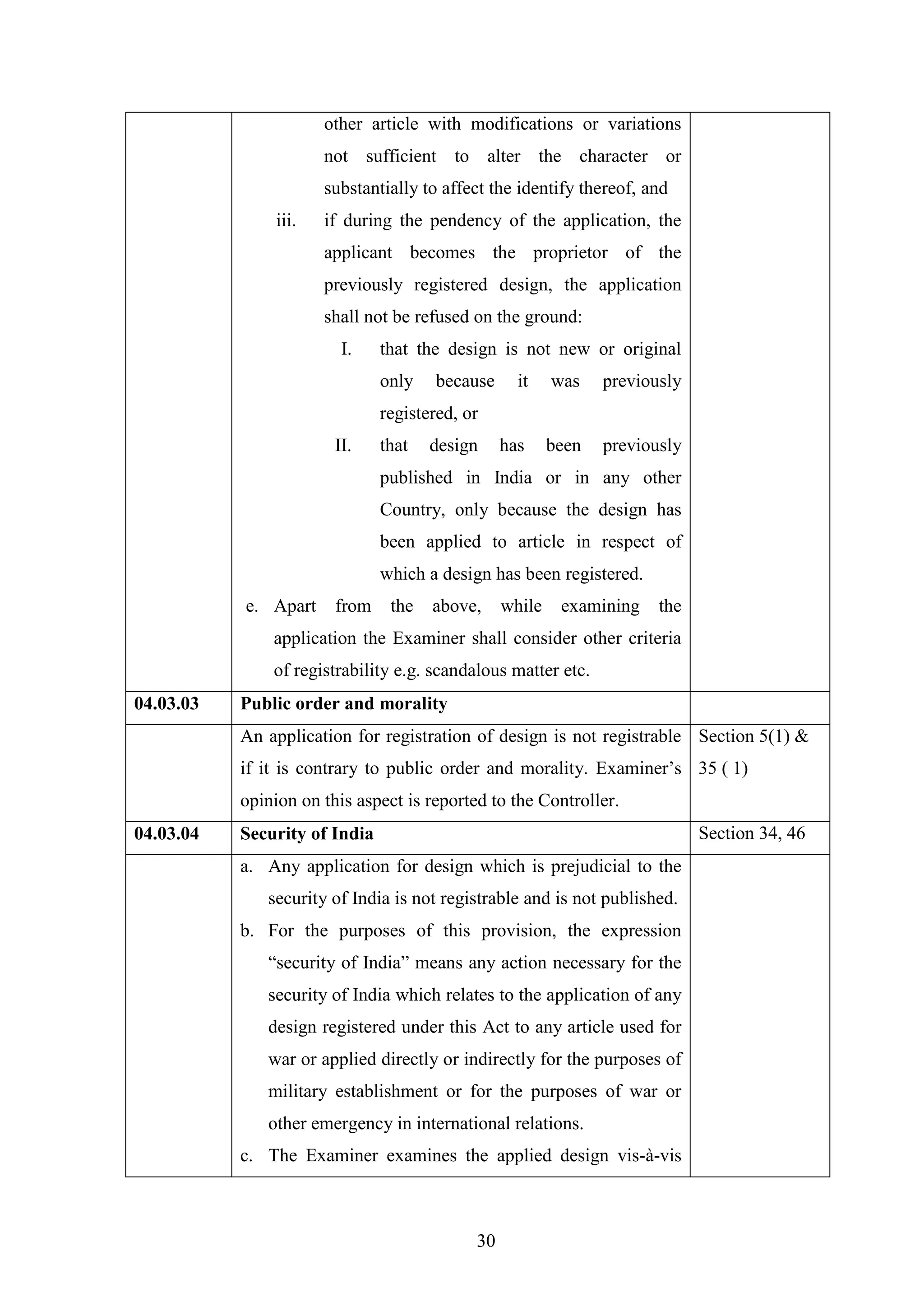30
other article with modifications or variations
not sufficient to alter the character or
substantially to affect the identify thereof, and
iii. if during the pendency of the application, the
applicant becomes the proprietor of the
previously registered design, the application
shall not be refused on the ground:
I. that the design is not new or original
only because it was previously
registered, or
II. that design has been previously
published in India or in any other
Country, only because the design has
been applied to article in respect of
which a design has been registered.
e. Apart from the above, while examining the
application the Examiner shall consider other criteria
of registrability e.g. scandalous matter etc.
04.03.03 Public order and morality
An application for registration of design is not registrable
if it is contrary to public order and morality. Examiner‘s
opinion on this aspect is reported to the Controller.
Section 5(1) &
35 ( 1)
04.03.04 Security of India Section 34, 46
a. Any application for design which is prejudicial to the
security of India is not registrable and is not published.
b. For the purposes of this provision, the expression
―security of India‖ means any action necessary for the
security of India which relates to the application of any
design registered under this Act to any article used for
war or applied directly or indirectly for the purposes of
military establishment or for the purposes of war or
other emergency in international relations.
c. The Examiner examines the applied design vis-à-vis
 