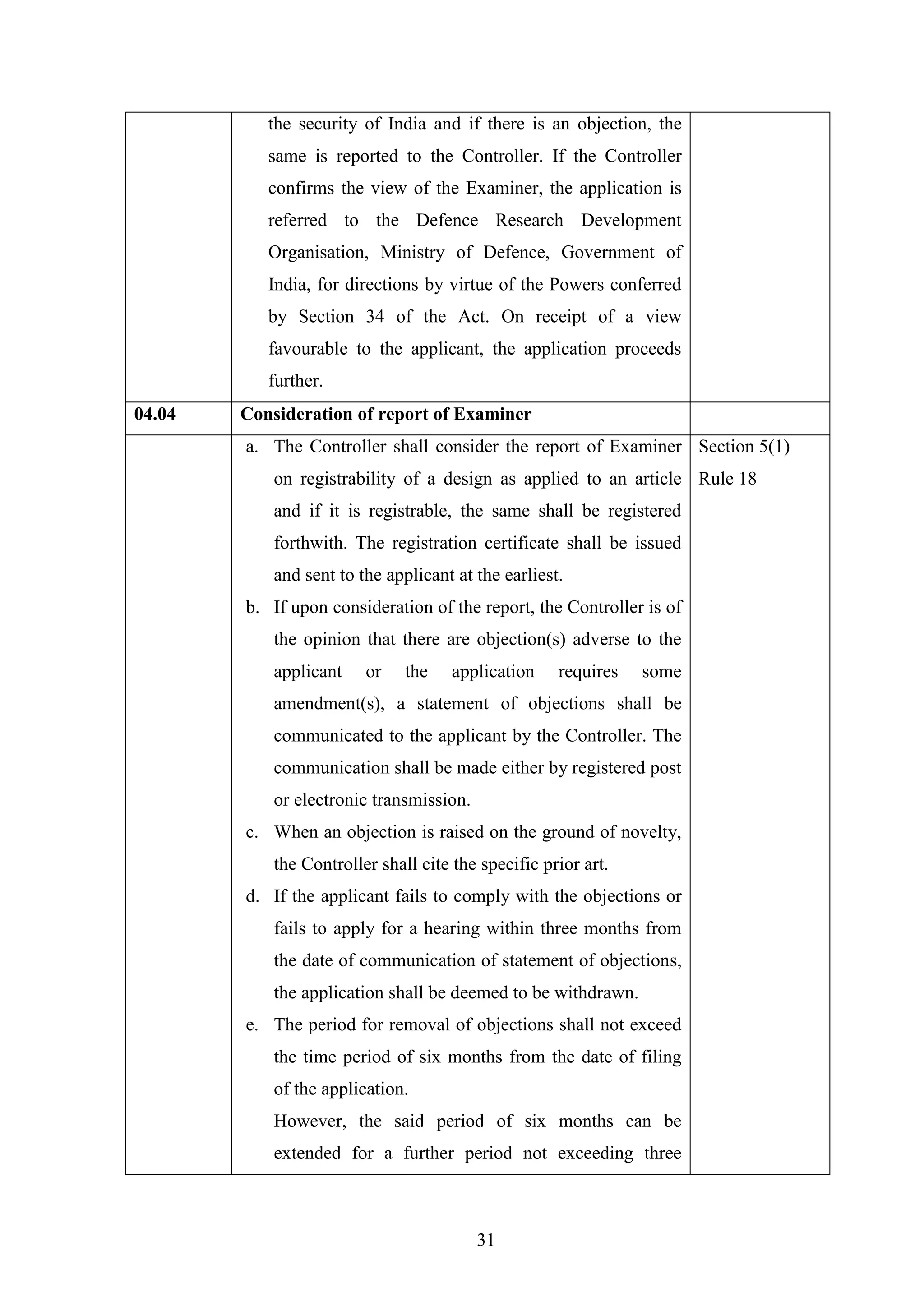 31
the security of India and if there is an objection, the
same is reported to the Controller. If the Controller
confirms the view of the Examiner, the application is
referred to the Defence Research Development
Organisation, Ministry of Defence, Government of
India, for directions by virtue of the Powers conferred
by Section 34 of the Act. On receipt of a view
favourable to the applicant, the application proceeds
further.
04.04 Consideration of report of Examiner
a. The Controller shall consider the report of Examiner
on registrability of a design as applied to an article
and if it is registrable, the same shall be registered
forthwith. The registration certificate shall be issued
and sent to the applicant at the earliest.
b. If upon consideration of the report, the Controller is of
the opinion that there are objection(s) adverse to the
applicant or the application requires some
amendment(s), a statement of objections shall be
communicated to the applicant by the Controller. The
communication shall be made either by registered post
or electronic transmission.
c. When an objection is raised on the ground of novelty,
the Controller shall cite the specific prior art.
d. If the applicant fails to comply with the objections or
fails to apply for a hearing within three months from
the date of communication of statement of objections,
the application shall be deemed to be withdrawn.
e. The period for removal of objections shall not exceed
the time period of six months from the date of filing
of the application.
However, the said period of six months can be
extended for a further period not exceeding three
Section 5(1)
Rule 18
 