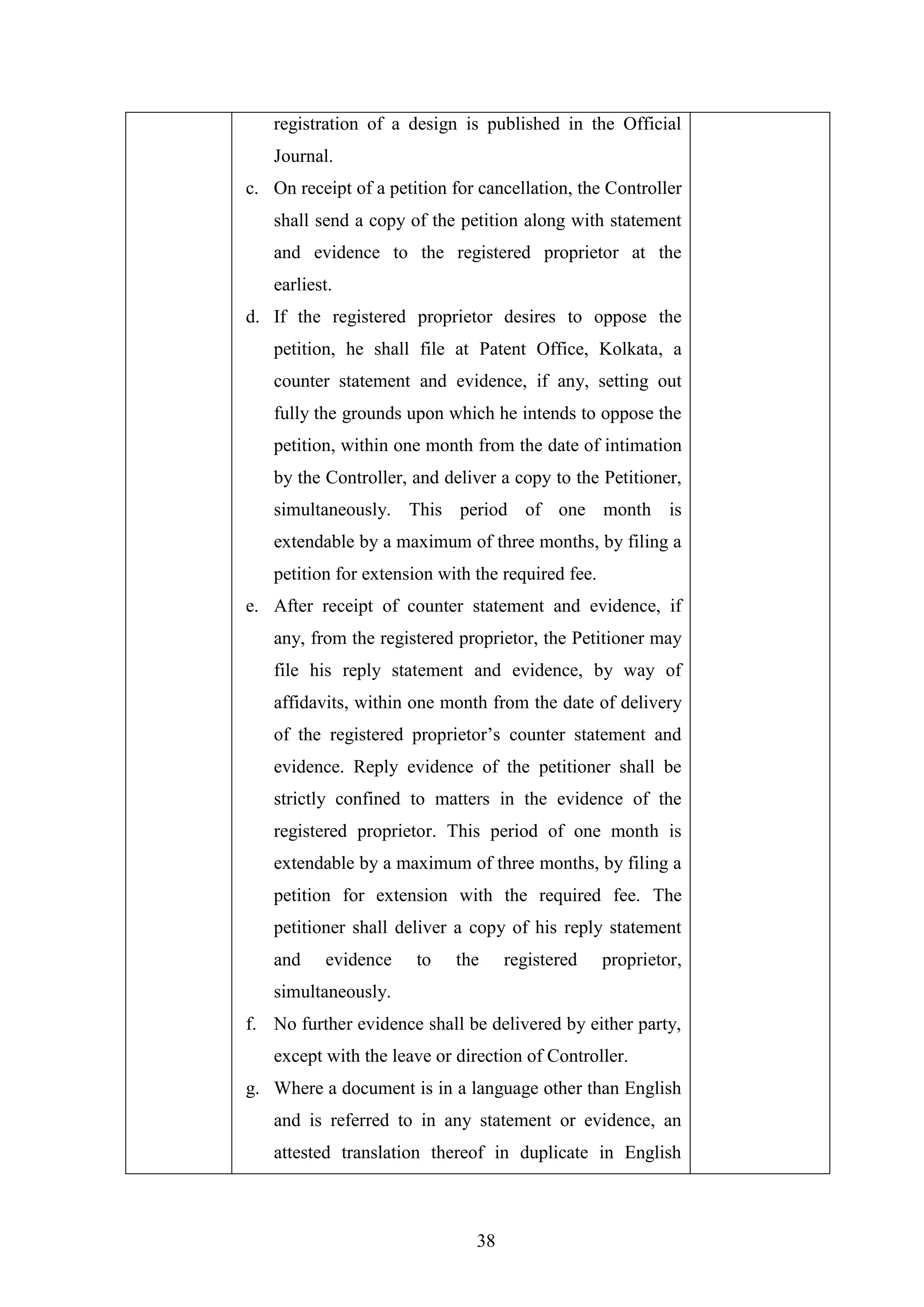 38
registration of a design is published in the Official
Journal.
c. On receipt of a petition for cancellation, the Controller
shall send a copy of the petition along with statement
and evidence to the registered proprietor at the
earliest.
d. If the registered proprietor desires to oppose the
petition, he shall file at Patent Office, Kolkata, a
counter statement and evidence, if any, setting out
fully the grounds upon which he intends to oppose the
petition, within one month from the date of intimation
by the Controller, and deliver a copy to the Petitioner,
simultaneously. This period of one month is
extendable by a maximum of three months, by filing a
petition for extension with the required fee.
e. After receipt of counter statement and evidence, if
any, from the registered proprietor, the Petitioner may
file his reply statement and evidence, by way of
affidavits, within one month from the date of delivery
of the registered proprietor‘s counter statement and
evidence. Reply evidence of the petitioner shall be
strictly confined to matters in the evidence of the
registered proprietor. This period of one month is
extendable by a maximum of three months, by filing a
petition for extension with the required fee. The
petitioner shall deliver a copy of his reply statement
and evidence to the registered proprietor,
simultaneously.
f. No further evidence shall be delivered by either party,
except with the leave or direction of Controller.
g. Where a document is in a language other than English
and is referred to in any statement or evidence, an
attested translation thereof in duplicate in English
 