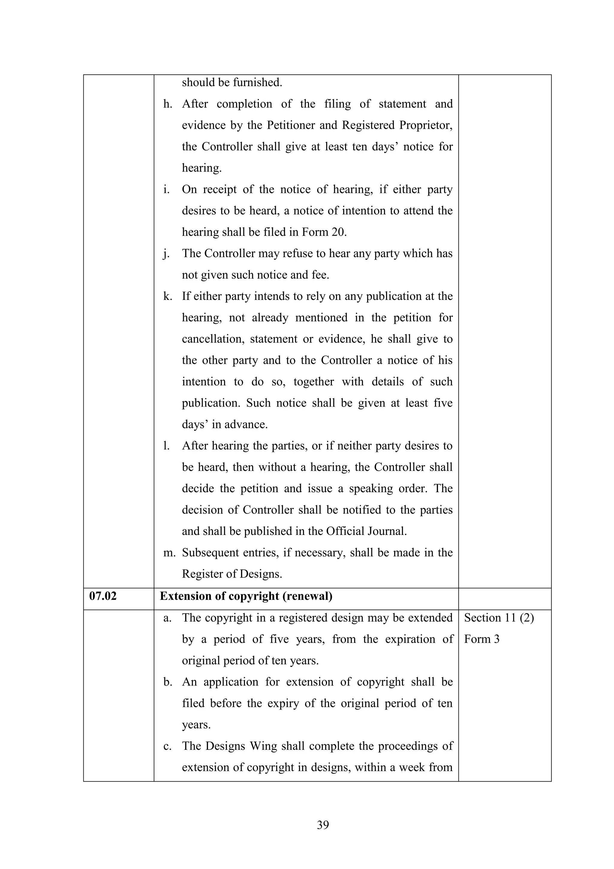 39
should be furnished.
h. After completion of the filing of statement and
evidence by the Petitioner and Registered Proprietor,
the Controller shall give at least ten days‘ notice for
hearing.
i. On receipt of the notice of hearing, if either party
desires to be heard, a notice of intention to attend the
hearing shall be filed in Form 20.
j. The Controller may refuse to hear any party which has
not given such notice and fee.
k. If either party intends to rely on any publication at the
hearing, not already mentioned in the petition for
cancellation, statement or evidence, he shall give to
the other party and to the Controller a notice of his
intention to do so, together with details of such
publication. Such notice shall be given at least five
days‘ in advance.
l. After hearing the parties, or if neither party desires to
be heard, then without a hearing, the Controller shall
decide the petition and issue a speaking order. The
decision of Controller shall be notified to the parties
and shall be published in the Official Journal.
m. Subsequent entries, if necessary, shall be made in the
Register of Designs.
07.02 Extension of copyright (renewal)
a. The copyright in a registered design may be extended
by a period of five years, from the expiration of
original period of ten years.
b. An application for extension of copyright shall be
filed before the expiry of the original period of ten
years.
c. The Designs Wing shall complete the proceedings of
extension of copyright in designs, within a week from
Section 11 (2)
Form 3
 