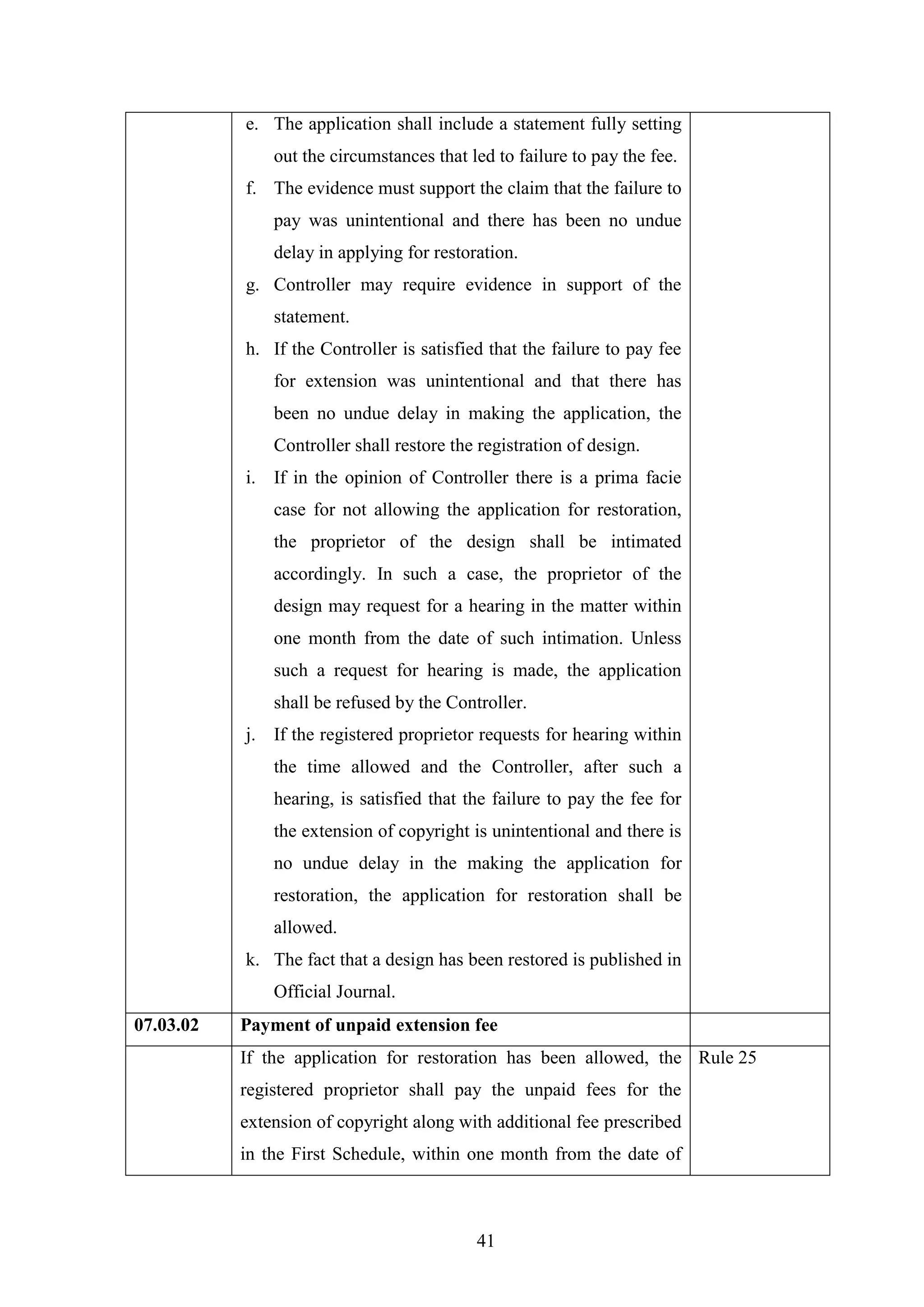 41
e. The application shall include a statement fully setting
out the circumstances that led to failure to pay the fee.
f. The evidence must support the claim that the failure to
pay was unintentional and there has been no undue
delay in applying for restoration.
g. Controller may require evidence in support of the
statement.
h. If the Controller is satisfied that the failure to pay fee
for extension was unintentional and that there has
been no undue delay in making the application, the
Controller shall restore the registration of design.
i. If in the opinion of Controller there is a prima facie
case for not allowing the application for restoration,
the proprietor of the design shall be intimated
accordingly. In such a case, the proprietor of the
design may request for a hearing in the matter within
one month from the date of such intimation. Unless
such a request for hearing is made, the application
shall be refused by the Controller.
j. If the registered proprietor requests for hearing within
the time allowed and the Controller, after such a
hearing, is satisfied that the failure to pay the fee for
the extension of copyright is unintentional and there is
no undue delay in the making the application for
restoration, the application for restoration shall be
allowed.
k. The fact that a design has been restored is published in
Official Journal.
07.03.02 Payment of unpaid extension fee
If the application for restoration has been allowed, the
registered proprietor shall pay the unpaid fees for the
extension of copyright along with additional fee prescribed
in the First Schedule, within one month from the date of
Rule 25
 
