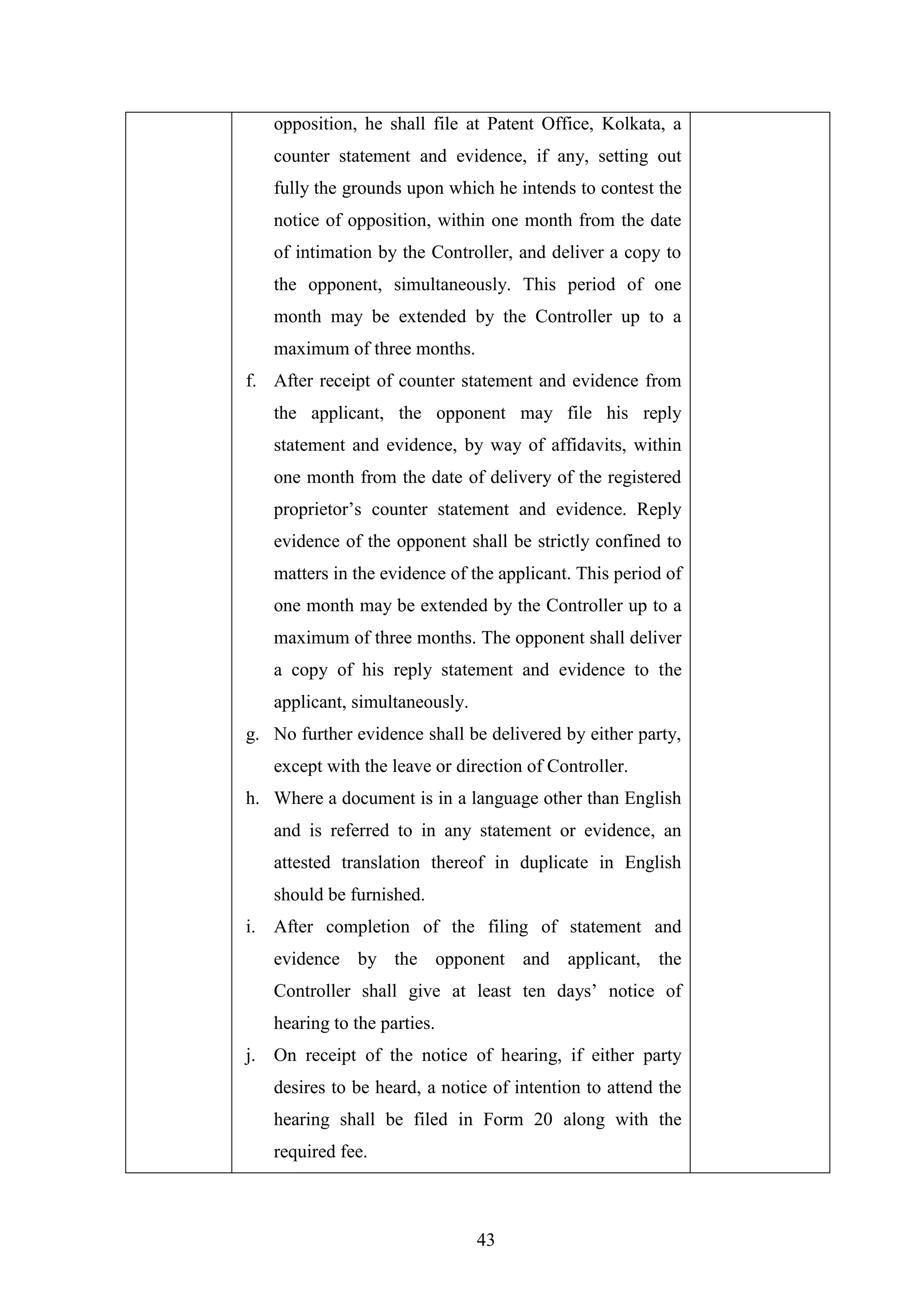 43
opposition, he shall file at Patent Office, Kolkata, a
counter statement and evidence, if any, setting out
fully the grounds upon which he intends to contest the
notice of opposition, within one month from the date
of intimation by the Controller, and deliver a copy to
the opponent, simultaneously. This period of one
month may be extended by the Controller up to a
maximum of three months.
f. After receipt of counter statement and evidence from
the applicant, the opponent may file his reply
statement and evidence, by way of affidavits, within
one month from the date of delivery of the registered
proprietor‘s counter statement and evidence. Reply
evidence of the opponent shall be strictly confined to
matters in the evidence of the applicant. This period of
one month may be extended by the Controller up to a
maximum of three months. The opponent shall deliver
a copy of his reply statement and evidence to the
applicant, simultaneously.
g. No further evidence shall be delivered by either party,
except with the leave or direction of Controller.
h. Where a document is in a language other than English
and is referred to in any statement or evidence, an
attested translation thereof in duplicate in English
should be furnished.
i. After completion of the filing of statement and
evidence by the opponent and applicant, the
Controller shall give at least ten days‘ notice of
hearing to the parties.
j. On receipt of the notice of hearing, if either party
desires to be heard, a notice of intention to attend the
hearing shall be filed in Form 20 along with the
required fee.
 