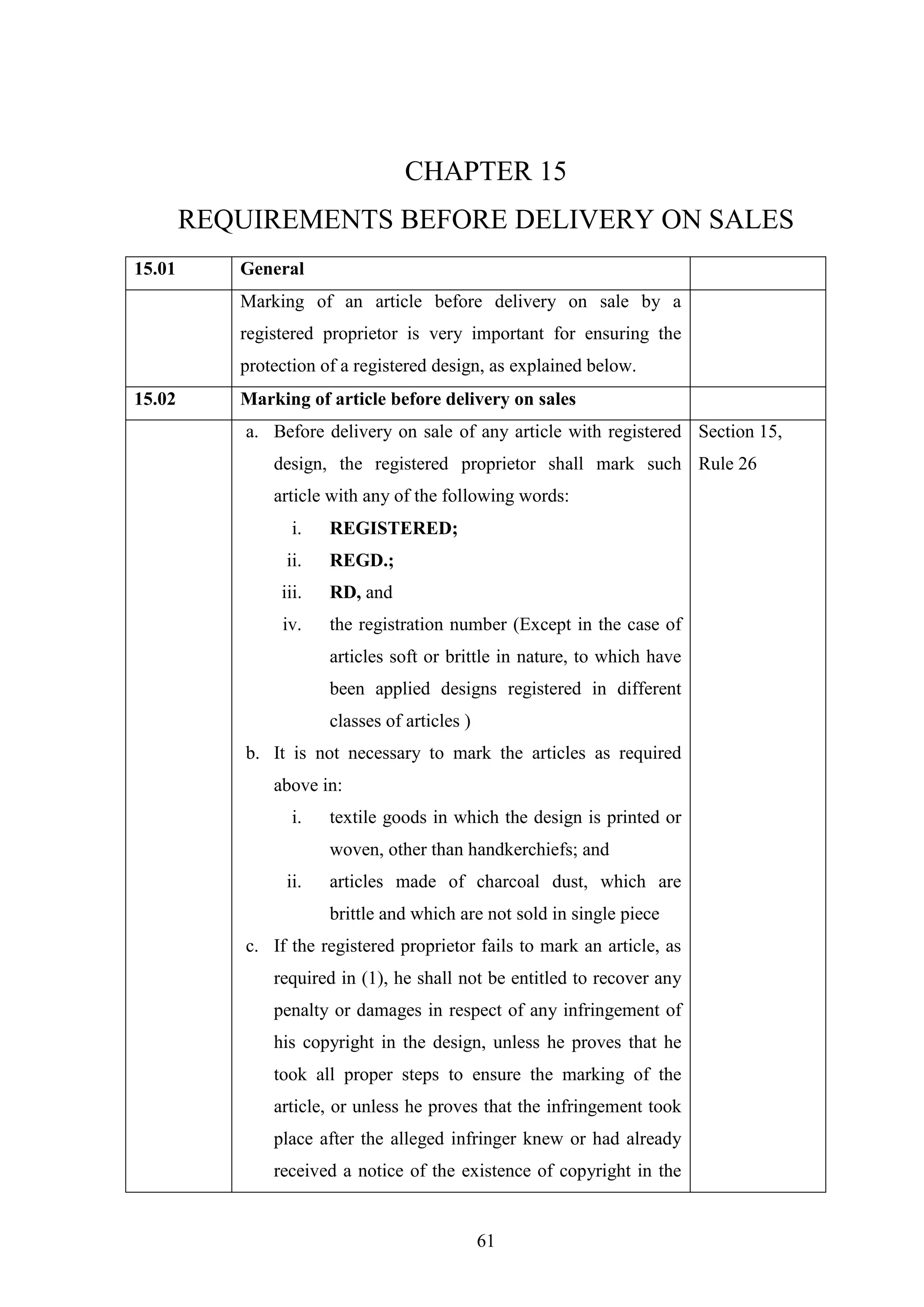 61
CHAPTER 15
REQUIREMENTS BEFORE DELIVERY ON SALES
15.01 General
Marking of an article before delivery on sale by a
registered proprietor is very important for ensuring the
protection of a registered design, as explained below.
15.02 Marking of article before delivery on sales
a. Before delivery on sale of any article with registered
design, the registered proprietor shall mark such
article with any of the following words:
i. REGISTERED;
ii. REGD.;
iii. RD, and
iv. the registration number (Except in the case of
articles soft or brittle in nature, to which have
been applied designs registered in different
classes of articles )
b. It is not necessary to mark the articles as required
above in:
i. textile goods in which the design is printed or
woven, other than handkerchiefs; and
ii. articles made of charcoal dust, which are
brittle and which are not sold in single piece
c. If the registered proprietor fails to mark an article, as
required in (1), he shall not be entitled to recover any
penalty or damages in respect of any infringement of
his copyright in the design, unless he proves that he
took all proper steps to ensure the marking of the
article, or unless he proves that the infringement took
place after the alleged infringer knew or had already
received a notice of the existence of copyright in the
Section 15,
Rule 26
 