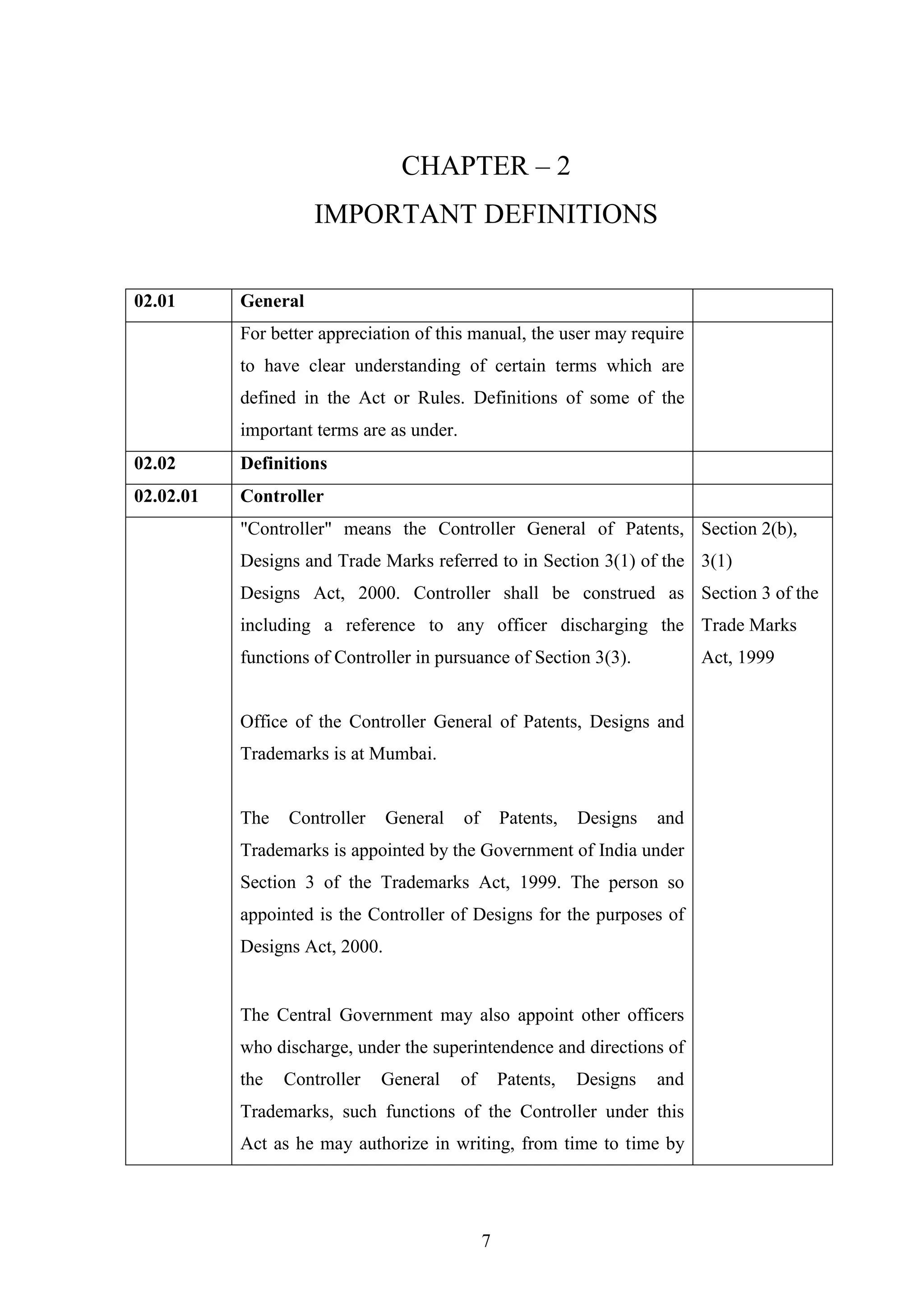 7
CHAPTER – 2
IMPORTANT DEFINITIONS
02.01 General
For better appreciation of this manual, the user may require
to have clear understanding of certain terms which are
defined in the Act or Rules. Definitions of some of the
important terms are as under.
02.02 Definitions
02.02.01 Controller
"Controller" means the Controller General of Patents,
Designs and Trade Marks referred to in Section 3(1) of the
Designs Act, 2000. Controller shall be construed as
including a reference to any officer discharging the
functions of Controller in pursuance of Section 3(3).
Office of the Controller General of Patents, Designs and
Trademarks is at Mumbai.
The Controller General of Patents, Designs and
Trademarks is appointed by the Government of India under
Section 3 of the Trademarks Act, 1999. The person so
appointed is the Controller of Designs for the purposes of
Designs Act, 2000.
The Central Government may also appoint other officers
who discharge, under the superintendence and directions of
the Controller General of Patents, Designs and
Trademarks, such functions of the Controller under this
Act as he may authorize in writing, from time to time by
Section 2(b),
3(1)
Section 3 of the
Trade Marks
Act, 1999
 