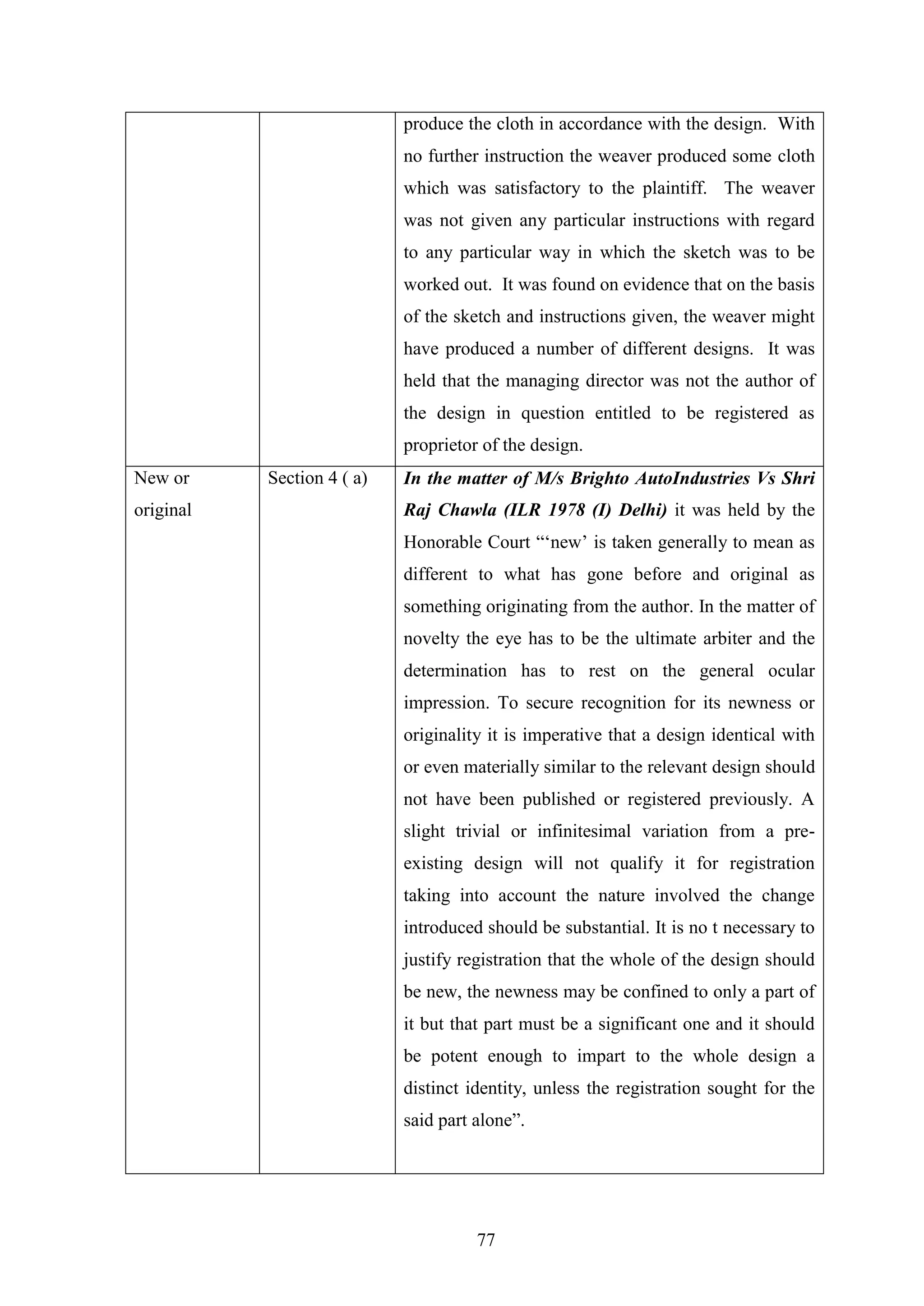 77
produce the cloth in accordance with the design. With
no further instruction the weaver produced some cloth
which was satisfactory to the plaintiff. The weaver
was not given any particular instructions with regard
to any particular way in which the sketch was to be
worked out. It was found on evidence that on the basis
of the sketch and instructions given, the weaver might
have produced a number of different designs. It was
held that the managing director was not the author of
the design in question entitled to be registered as
proprietor of the design.
New or
original
Section 4 ( a) In the matter of M/s Brighto AutoIndustries Vs Shri
Raj Chawla (ILR 1978 (I) Delhi) it was held by the
Honorable Court ―‗new‘ is taken generally to mean as
different to what has gone before and original as
something originating from the author. In the matter of
novelty the eye has to be the ultimate arbiter and the
determination has to rest on the general ocular
impression. To secure recognition for its newness or
originality it is imperative that a design identical with
or even materially similar to the relevant design should
not have been published or registered previously. A
slight trivial or infinitesimal variation from a pre-
existing design will not qualify it for registration
taking into account the nature involved the change
introduced should be substantial. It is no t necessary to
justify registration that the whole of the design should
be new, the newness may be confined to only a part of
it but that part must be a significant one and it should
be potent enough to impart to the whole design a
distinct identity, unless the registration sought for the
said part alone‖.
 