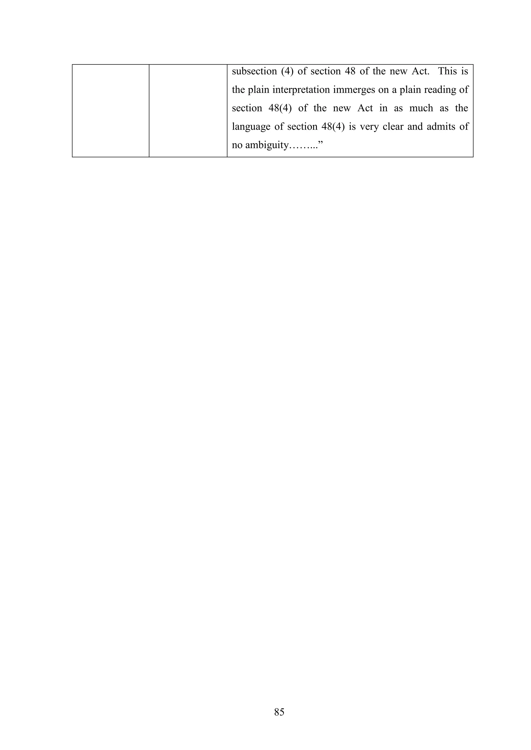 85
subsection (4) of section 48 of the new Act. This is
the plain interpretation immerges on a plain reading of
section 48(4) of the new Act in as much as the
language of section 48(4) is very clear and admits of
no ambiguity……...‖
 