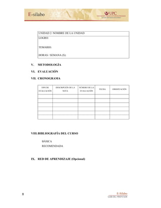 E-Sílabo
GUÍA DEL PROFESOR
8
UNIDAD 2: NOMBRE DE LA UNIDAD
LOGRO:
TEMARIO:
HORAS / SEMANA (S):
V. METODOLOGÍA
VI. EVALUACIÓN
VII. CRONOGRAMA
TIPO DE
EVALUACIÓN
DESCRIPCIÓN DE LA
NOTA
NÚMERO DE LA
EVALUACIÓN
FECHA OBSERVACIÓN
VIII.BIBLIOGRAFÍA DEL CURSO
BÁSICA
RECOMENDADA
IX. RED DE APRENDIZAJE (Opcional)
 