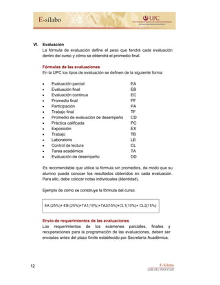 E-Sílabo
GUÍA DEL PROFESOR
12
VI. Evaluación
La fórmula de evaluación define el peso que tendrá cada evaluación
dentro del curso y cómo se obtendrá el promedio final.
Fórmulas de las evaluaciones
En la UPC los tipos de evaluación se definen de la siguiente forma:
• Evaluación parcial EA
• Evaluación final EB
• Evaluación continua EC
• Promedio final PF
• Participación PA
• Trabajo final TF
• Promedio de evaluación de desempeño CD
• Práctica calificada PC
• Exposición EX
• Trabajo TB
• Laboratorio LB
• Control de lectura CL
• Tarea académica TA
• Evaluación de desempeño DD
Es recomendable que utilice la fórmula sin promedios, de modo que su
alumno pueda conocer los resultados obtenidos en cada evaluación.
Para ello, debe colocar notas individuales (Identidad).
Ejemplo de cómo se construye la fórmula del curso:
EA (25%)+ EB (25%)+TA1(10%)+TA2(15%)+CL1(10%)+ CL2(15%)
Envío de requerimientos de las evaluaciones
Los requerimientos de los exámenes parciales, finales y
recuperaciones para la programación de las evaluaciones, deben ser
enviadas antes del plazo límite establecido por Secretaría Académica.
 