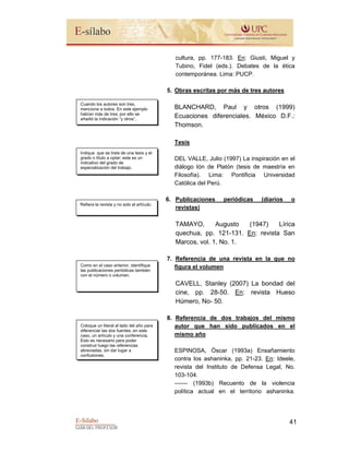 E-Sílabo
GUÍA DEL PROFESOR
41
cultura, pp. 177-183. En: Giusti, Miguel y
Tubino, Fidel (eds.). Debates de la ética
contemporánea. Lima: PUCP.
5. Obras escritas por más de tres autores
BLANCHARD, Paul y otros (1999)
Ecuaciones diferenciales. México D.F.:
Thomson.
Tesis
DEL VALLE, Julio (1997) La inspiración en el
diálogo Ión de Platón (tesis de maestría en
Filosofía). Lima: Pontificia Universidad
Católica del Perú.
6. Publicaciones periódicas (diarios o
revistas)
TAMAYO, Augusto (1947) Lírica
quechua, pp. 121-131. En: revista San
Marcos, vol. 1, No. 1.
7. Referencia de una revista en la que no
figura el volumen
CAVELL, Stanley (2007) La bondad del
cine, pp. 28-50. En: revista Hueso
Húmero, No- 50.
8. Referencia de dos trabajos del mismo
autor que han sido publicados en el
mismo año
ESPINOSA, Óscar (1993a) Ensañamiento
contra los ashaninka, pp. 21-23. En: Ideele,
revista del Instituto de Defensa Legal, No.
103-104.
–––– (1993b) Recuento de la violencia
política actual en el territorio ashaninka.
Cuando los autores son tres,
mencione a todos. En este ejemplo
habían más de tres; por ello se
añadió la indicación “y otros”.
Indique que se trata de una tesis y el
grado o título a optar; este es un
indicativo del grado de
especialización del trabajo.
Refiera la revista y no solo el artículo.
Como en el caso anterior, identifique
las publicaciones periódicas también
con el número o volumen.
Coloque un literal al lado del año para
diferenciar las dos fuentes; en este
caso, un artículo y una conferencia.
Esto es necesario para poder
construir luego las referencias
abreviadas, sin dar lugar a
confusiones.
 