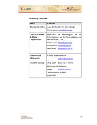E-Sílabo
GUÍA DEL PROFESOR
59
Informes y consultas
Tema Contacto
Diseño del sílabo Área de Gestión del Aprendizaje
Rachel Watson:rwatson@upc.edu.pe
Consultas sobre
E-Sílabo y
Capacitación
Dirección de Tecnologías de la
Información y de la Comunicación en
la Educación (TICE)
Cristina Guerra :jguerra@upc.edu.pe
Lorenzo Rojas: lrojas@upc.edu.pe
Lea Sulmont: lsulmont@upc.edu.pe
Búsqueda de
bibliografía
Centro de Información
moduloci@upc.edu.pe
Soporte técnico Help-Desk – Servicio al Cliente
Dirección de Sistemas
Buzón: hdmo@upc.edu.pe
Teléfono directo: 6105210
Anexo 7323
 
