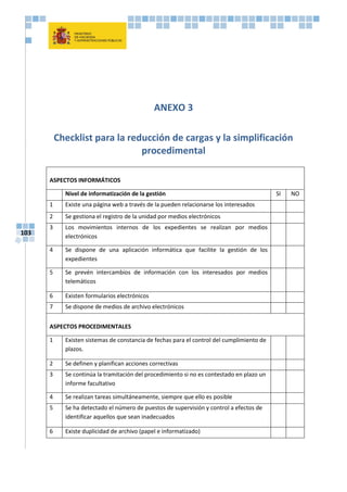 103
ANEXO 3
Checklist para la reducción de cargas y la simplificación
procedimental
ASPECTOS INFORMÁTICOS
Nivel de informatización de la gestión SI NO
1 Existe una página web a través de la pueden relacionarse los interesados
2 Se gestiona el registro de la unidad por medios electrónicos
3 Los movimientos internos de los expedientes se realizan por medios
electrónicos
4 Se dispone de una aplicación informática que facilite la gestión de los
expedientes
5 Se prevén intercambios de información con los interesados por medios
telemáticos
6 Existen formularios electrónicos
7 Se dispone de medios de archivo electrónicos
ASPECTOS PROCEDIMENTALES
1 Existen sistemas de constancia de fechas para el control del cumplimiento de
plazos.
2 Se definen y planifican acciones correctivas
3 Se continúa la tramitación del procedimiento si no es contestado en plazo un
informe facultativo
4 Se realizan tareas simultáneamente, siempre que ello es posible
5 Se ha detectado el número de puestos de supervisión y control a efectos de
identificar aquellos que sean inadecuados
6 Existe duplicidad de archivo (papel e informatizado)
 