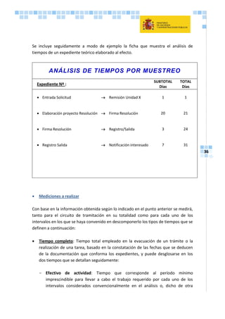36
Se incluye seguidamente a modo de ejemplo la ficha que muestra el análisis de
tiempos de un expediente teórico elaborado al efecto.
ANÁLISIS DE TIEMPOS POR MUESTREO
Expediente Nº :
SUBTOTAL
Días
TOTAL
Días
 Entrada Solicitud  Remisión Unidad X 1 1
 Elaboración proyecto Resolución  Firma Resolución 20 21
 Firma Resolución  Registro/Salida 3 24
 Registro Salida  Notificación interesado 7 31
 Mediciones a realizar
Con base en la información obtenida según lo indicado en el punto anterior se medirá,
tanto para el circuito de tramitación en su totalidad como para cada uno de los
intervalos en los que se haya convenido en descomponerlo los tipos de tiempos que se
definen a continuación:
 Tiempo completo: Tiempo total empleado en la evacuación de un trámite o la
realización de una tarea, basado en la constatación de las fechas que se deducen
de la documentación que conforma los expedientes, y puede desglosarse en los
dos tiempos que se detallan seguidamente:
- Efectivo de actividad: Tiempo que corresponde al período mínimo
imprescindible para llevar a cabo el trabajo requerido por cada uno de los
intervalos considerados convencionalmente en el análisis o, dicho de otra
 