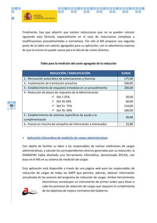 81
Finalmente, hay que advertir que existen reducciones que no se pueden calcular
siguiendo esta fórmula, especialmente en el caso de reducciones complejas y
modificaciones procedimentales o normativas. Por ello el MS propone una segunda
parte de la tabla con valores agregados para su aplicación, con la advertencia expresa
de que la misma no puede usarse para el cálculo de costes directos.
Tabla para la medición del coste agregado de la reducción
REDUCCIÓN / SIMPLIFICACIÓN EUROS
1.- Renovación automática de autorizaciones y licencias 175,00
2.- Implantación de tramitación proactiva 100,00
3.- Establecimiento de respuesta inmediata en un procedimiento 200,00
4.- Reducción de plazos de respuesta de la Administración
 Del 1-25% 20,00
 Del 26-50% 60,00
 Del 51- 75% 110,00
 Del 76- 99% 180,00
5.- Establecimiento de sistemas específicos de ayuda a la
cumplimentación
30,00
6.- Puesta en marcha de campañas de información a interesados 15,00
 Aplicación informática de medición de cargas administrativas
Con objeto de facilitar su labor a los responsables de realizar mediciones de cargas
administrativas, y calcular los correspondientes ahorros generados por su reducción, la
DGMAPIAE había diseñado una herramienta informática, denominada APLICA, con
base en el MS en su sistema de medición de cargas.
Esta aplicación está disponible a través de una página web para los responsables de
reducción de cargas de todas las AAPP que permite, además, obtener información
actualizada de los avances del programa de reducción de cargas. Ambas herramientas
electrónicas constituyen un instrumento de primer orden para llevar a
cabo los procesos de reducción de cargas que requiere el cumplimiento
de los objetivos de mejora normativa del Gobierno.
 