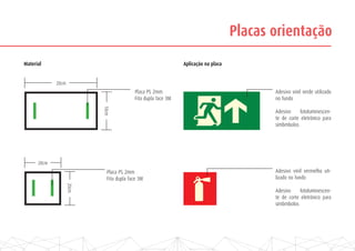 Placas orientação
Material Aplicação na placa
20cm
20cm
20cm
10cm
Placa PS 2mm
Fita dupla face 3M
Adesivo vinil verde utilizado
no fundo
Adesivo fotoluminescen-
te de corte eletrônico para
símbmbolos
Adesivo vinil vermelho uti-
lizado no fundo
Adesivo fotoluminescen-
te de corte eletrônico para
símbmbolos
Placa PS 2mm
Fita dupla face 3M
 