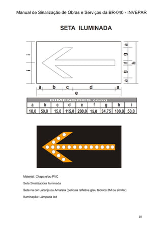 Manual de Sinalização de Obras e Serviços da BR-040 - INVEPAR
18
Material: Chapa e/ou PVC
Seta Sinalizadora Iluminada
Seta na cor Laranja ou Amarela (película refletiva grau técnico 3M ou similar)
Iluminação: Lâmpada led
 