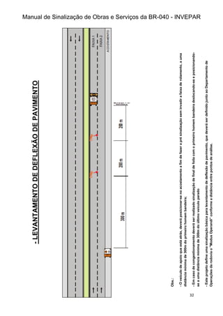 Manual de Sinalização de Obras e Serviços da BR-040 - INVEPAR
32
-
LEVANTAMENTO
DE
DEFLEXÃO
DE
PAVIMENTO
Obs.:
-
O
veículo
de
apoio
que
está
atrás,
deverá
posicionar-se
no
acostamento
a
fim
de
fazer
a
pré
sinalização
sem
invadir
a
faixa
de
rolamento,
a
uma
distância
mínima
de
300m
do
primeiro
homem
bandeira;
-
Em
caso
de
congestionamento
deverá
ser
realizado
sinalização
de
final
de
foila
com
o
primeiro
homem
bandeira
deslocando-se
e
posicionando-
se
a
uma
distância
mínima
de
300m
do
último
veículo
parado
-
Este
projeto
define
uma
sinalização
básica
para
levantamento
de
deflexão
de
pavimento,
que
deverá
ser
definido
junto
ao
Departamento
de
Operações
da
rodovia
o
"Modus
Operandi”
conforme
a
distância
entre
pontos
de
análise.
 