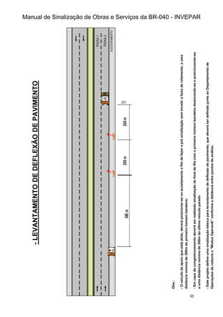 Manual de Sinalização de Obras e Serviços da BR-040 - INVEPAR
33
-
LEVANTAMENTO
DE
DEFLEXÃO
DE
PAVIMENTO
Obs.:
-
O
veículo
de
apoio
que
está
atrás,
deverá
posicionar-se
no
acostamento
a
fim
de
fazer
a
pré
sinalização
sem
invadir
a
faixa
de
rolamento,
a
uma
distância
mínima
de
300m
do
primeiro
homem
bandeira;
-
Em
caso
de
congestionamento
deverá
ser
realizado
sinalização
de
final
de
fila
com
o
primeiro
homem
bandeira
deslocando-se
e
posicionando-se
a
uma
distância
mínima
de
300m
do
último
veículo
parado
-
Este
projeto
define
uma
sinalização
básica
para
levantamento
de
deflexão
de
pavimento,
que
deverá
ser
definido
junto
ao
Departamento
de
Operações
da
rodovia
o
"Modus
Operandi”
conforme
a
distância
entre
pontos
de
análise.
 