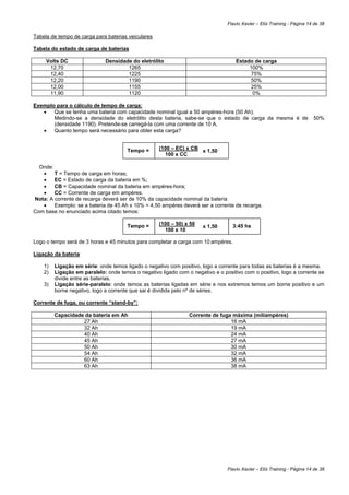 Flavio Xavier – Elói Training - Página 14 de 38

Tabela de tempo de carga para baterias veiculares

Tabela do estado de carga de baterias

     Volts DC                 Densidade do eletrólito                               Estado de carga
      12,70                           1265                                               100%
      12,40                           1225                                                75%
      12,20                           1190                                                50%
      12,00                           1155                                                25%
      11,90                           1120                                                0%

Exemplo para o cálculo de tempo de carga:
   •   Que se tenha uma bateria com capacidade nominal igual a 50 ampéres-hora (50 Ah).
       Medindo-se a densidade do eletrólito desta bateria, sabe-se que o estado de carga da mesma é de                   50%
       (densidade 1190). Pretende-se carregá-la com uma corrente de 10 A.
   •   Quanto tempo será necessário para obter esta carga?


                                       Tempo =      (100 – EC) x CB x 1,50
                                                      100 x CC

  Onde:
   •    T = Tempo de carga em horas;
   •    EC = Estado de carga da bateria em %;
   •    CB = Capacidade nominal da bateria em ampéres-hora;
   •    CC = Corrente de carga em ampéres.
Nota: A corrente de recarga deverá ser de 10% da capacidade nominal da bateria
   •    Exemplo: se a bateria de 45 Ah x 10% = 4,50 ampéres deverá ser a corrente de recarga.
Com base no enunciado acima citado temos:

                                       Tempo =      (100 – 50) x 50                3:45 hs
                                                                      x 1,50
                                                      100 x 10

Logo o tempo será de 3 horas e 45 minutos para completar a carga com 10 ampéres.

Ligação da bateria

    1)   Ligação em série: onde temos ligado o negativo com positivo, logo a corrente para todas as baterias é a mesma.
    2)   Ligação em paralelo: onde temos o negativo ligado com o negativo e o positivo com o positivo, logo a corrente se
         divide entre as baterias.
    3)   Ligação série-paralelo: onde temos as baterias ligadas em série e nos extremos temos um borne positivo e um
         borne negativo, logo a corrente que sai é dividida pelo nº de séries.

Corrente de fuga, ou corrente “stand-by”:

         Capacidade da bateria em Ah                            Corrente de fuga máxima (miliampéres)
                   27 Ah                                                        16 mA
                   32 Ah                                                        19 mA
                   40 Ah                                                        24 mA
                   45 Ah                                                        27 mA
                   50 Ah                                                        30 mA
                   54 Ah                                                        32 mA
                   60 Ah                                                        36 mA
                   63 Ah                                                        38 mA




                                                                                Flavio Xavier – Elói Training - Página 14 de 38
 