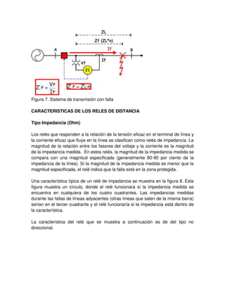 Figura 7. Sistema de transmisión con falla
CARACTERISTICAS DE LOS RELES DE DISTANCIA
Tipo Impedancia (Ohm)
Los relés que responden a la relación de la tensión eficaz en el terminal de línea y
la corriente eficaz que fluye en la línea se clasifican como relés de impedancia. La
magnitud de la relación entre los fasores del voltaje y la corriente es la magnitud
de la impedancia medida. En estos relés, la magnitud de la impedancia medida se
compara con una magnitud especificada (generalmente 80-90 por ciento de la
impedancia de la línea). Si la magnitud de la impedancia medida es menor que la
magnitud especificada, el relé indica que la falla está en la zona protegida.
Una característica típica de un relé de impedancia se muestra en la figura 8. Esta
figura muestra un círculo, donde el relé funcionara si la impedancia medida se
encuentra en cualquiera de los cuatro cuadrantes. Las impedancias medidas
durante las fallas de líneas adyacentes (otras líneas que salen de la misma barra)
serían en el tercer cuadrante y el relé funcionaría si la impedancia está dentro de
la característica.
La característica del relé que se muestra a continuación es de del tipo no
direccional.
 