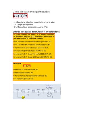 El límite está basado en la siguiente ecuación:
- K = Constante (diseño y capacidad) del generador.
- t = Tiempo en segundos.
- I2 = Corriente de secuencia negativa (PU).
Criterios para ajustes de la función 46 en Generadores
 