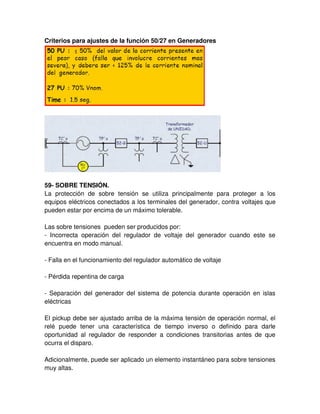 Criterios para ajustes de la función 50/27 en Generadores
59- SOBRE TENSIÓN.
La protección de sobre tensión se utiliza principalmente para proteger a los
equipos eléctricos conectados a los terminales del generador, contra voltajes que
pueden estar por encima de un máximo tolerable.
Las sobre tensiones pueden ser producidos por:
- Incorrecta operación del regulador de voltaje del generador cuando este se
encuentra en modo manual.
- Falla en el funcionamiento del regulador automático de voltaje
- Pérdida repentina de carga
- Separación del generador del sistema de potencia durante operación en islas
eléctricas
El pickup debe ser ajustado arriba de la máxima tensión de operación normal, el
relé puede tener una característica de tiempo inverso o definido para darle
oportunidad al regulador de responder a condiciones transitorias antes de que
ocurra el disparo.
Adicionalmente, puede ser aplicado un elemento instantáneo para sobre tensiones
muy altas.
 