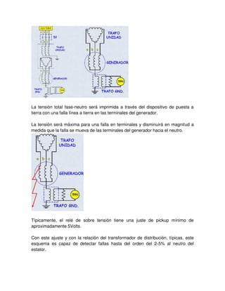 La tensión total fase-neutro será imprimida a través del dispositivo de puesta a
tierra con una falla línea a tierra en las terminales del generador.
La tensión será máxima para una falla en terminales y disminuirá en magnitud a
medida que la falla se mueva de las terminales del generador hacia el neutro.
Típicamente, el relé de sobre tensión tiene una juste de pickup mínimo de
aproximadamente 5Volts.
Con este ajuste y con la relación del transformador de distribución, típicas, este
esquema es capaz de detectar fallas hasta del orden del 2-5% al neutro del
estator.
 