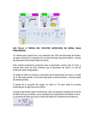 64S FALLA A TIERRA DEL ESTATOR (INYECCION DE SEÑAL BAJA
FRECUENCIA)
Un método para proporcionar una protección del 100% del devanado del estator,
se logra a través de la inyección de una señal de baja frecuencia (20Hz), a través
del secundario del transformador de neutro.
Este método proporciona protección para el generador cuando está en línea, y
cuando está fuera de línea (mientras que el generador de señal y el relé de
protección estén energizados).
El voltaje de 20Hz se inyecta al secundario del transformador de neutro, a través
de un filtro pasa banda, el cual solo deja pasar la señal de 20Hz, y rechaza todas
las demás señales.
A demás de la inyección de voltaje, se utiliza un TC para medir la corriente
producida por la baja frecuencia (20Hz).
Cuando el generador opera normalmente, sólo una pequeña cantidad de corriente
de 20Hz fluirá por el estator, como resultado de la capacitancia del estator a tierra.
La corriente de 20Hz que fluye a través del estator en condiciones normales es:
 