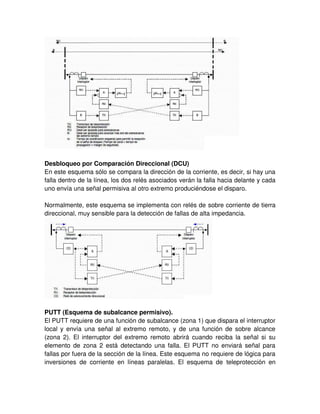 Desbloqueo por Comparación Direccional (DCU)
En este esquema sólo se compara la dirección de la corriente, es decir, si hay una
falla dentro de la línea, los dos relés asociados verán la falla hacia delante y cada
uno envía una señal permisiva al otro extremo produciéndose el disparo.
Normalmente, este esquema se implementa con relés de sobre corriente de tierra
direccional, muy sensible para la detección de fallas de alta impedancia.
PUTT (Esquema de subalcance permisivo).
El PUTT requiere de una función de subalcance (zona 1) que dispara el interruptor
local y envía una señal al extremo remoto, y de una función de sobre alcance
(zona 2). El interruptor del extremo remoto abrirá cuando reciba la señal si su
elemento de zona 2 está detectando una falla. El PUTT no enviará señal para
fallas por fuera de la sección de la línea. Este esquema no requiere de lógica para
inversiones de corriente en líneas paralelas. El esquema de teleprotección en
 