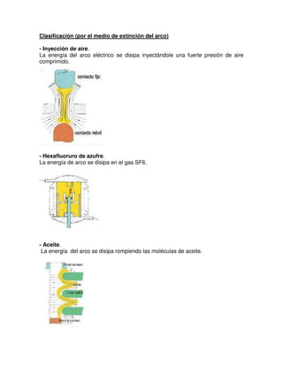 Clasificación (por el medio de extinción del arco)
- Inyección de aire.
La energía del arco eléctrico se disipa inyectándole una fuerte presión de aire
comprimido.
- Hexafluoruro de azufre.
La energía de arco se disipa en el gas SF6.
- Aceite.
La energía del arco se disipa rompiendo las moléculas de aceite.
 