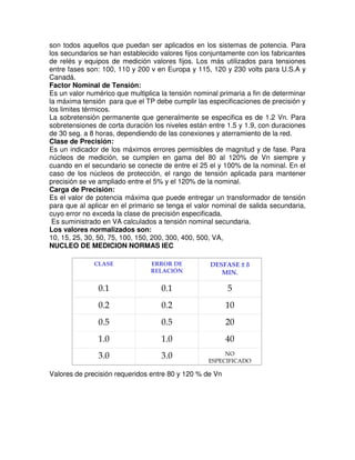 son todos aquellos que puedan ser aplicados en los sistemas de potencia. Para
los secundarios se han establecido valores fijos conjuntamente con los fabricantes
de relés y equipos de medición valores fijos. Los más utilizados para tensiones
entre fases son: 100, 110 y 200 v en Europa y 115, 120 y 230 volts para U.S.A y
Canadá.
Factor Nominal de Tensión:
Es un valor numérico que multiplica la tensión nominal primaria a fin de determinar
la máxima tensión para que el TP debe cumplir las especificaciones de precisión y
los limites térmicos.
La sobretensión permanente que generalmente se especifica es de 1.2 Vn. Para
sobretensiones de corta duración los niveles están entre 1.5 y 1.9, con duraciones
de 30 seg. a 8 horas, dependiendo de las conexiones y aterramiento de la red.
Clase de Precisión:
Es un indicador de los máximos errores permisibles de magnitud y de fase. Para
núcleos de medición, se cumplen en gama del 80 al 120% de Vn siempre y
cuando en el secundario se conecte de entre el 25 el y 100% de la nominal. En el
caso de los núcleos de protección, el rango de tensión aplicada para mantener
precisión se ve ampliado entre el 5% y el 120% de la nominal.
Carga de Precisión:
Es el valor de potencia máxima que puede entregar un transformador de tensión
para que al aplicar en el primario se tenga el valor nominal de salida secundaria,
cuyo error no exceda la clase de precisión especificada.
Es suministrado en VA calculados a tensión nominal secundaria.
Los valores normalizados son:
10, 15, 25, 30, 50, 75, 100, 150, 200, 300, 400, 500, VA,
NUCLEO DE MEDICION NORMAS IEC
Valores de precisión requeridos entre 80 y 120 % de Vn
CLASE ERROR DE
RELACIÓN
DESFASE ± 
MIN.
0.1 0.1 5
0.2 0.2 10
0.5 0.5 20
1.0 1.0 40
3.0 3.0 NO
ESPECIFICADO
 